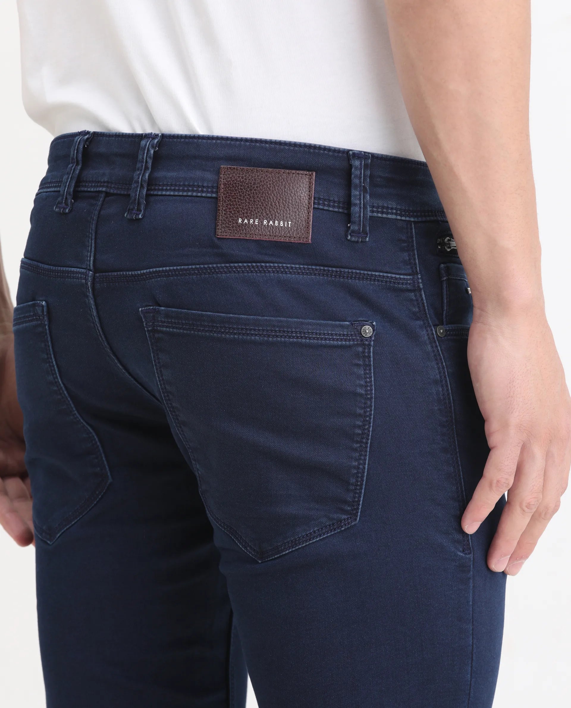 Rare Rabbit Men's Radley Blue Cotton Plain Hawk Slim Fit Jeans