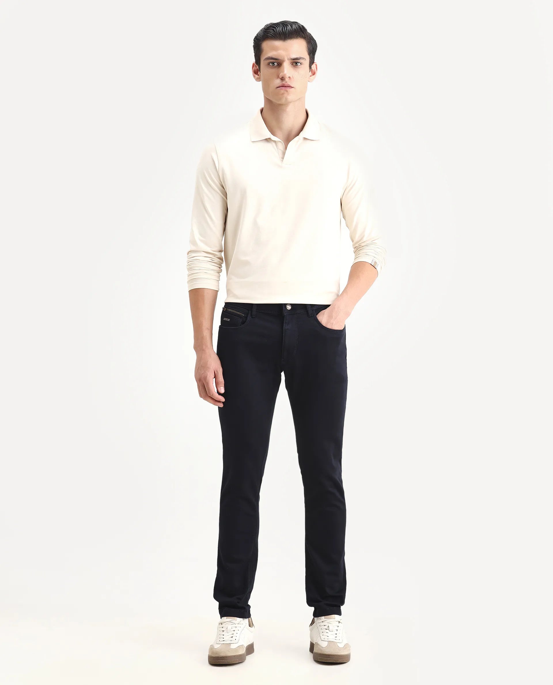 Rare Rabbit Men's Radley Navy Cotton Plain Hawk Slim Fit Jeans