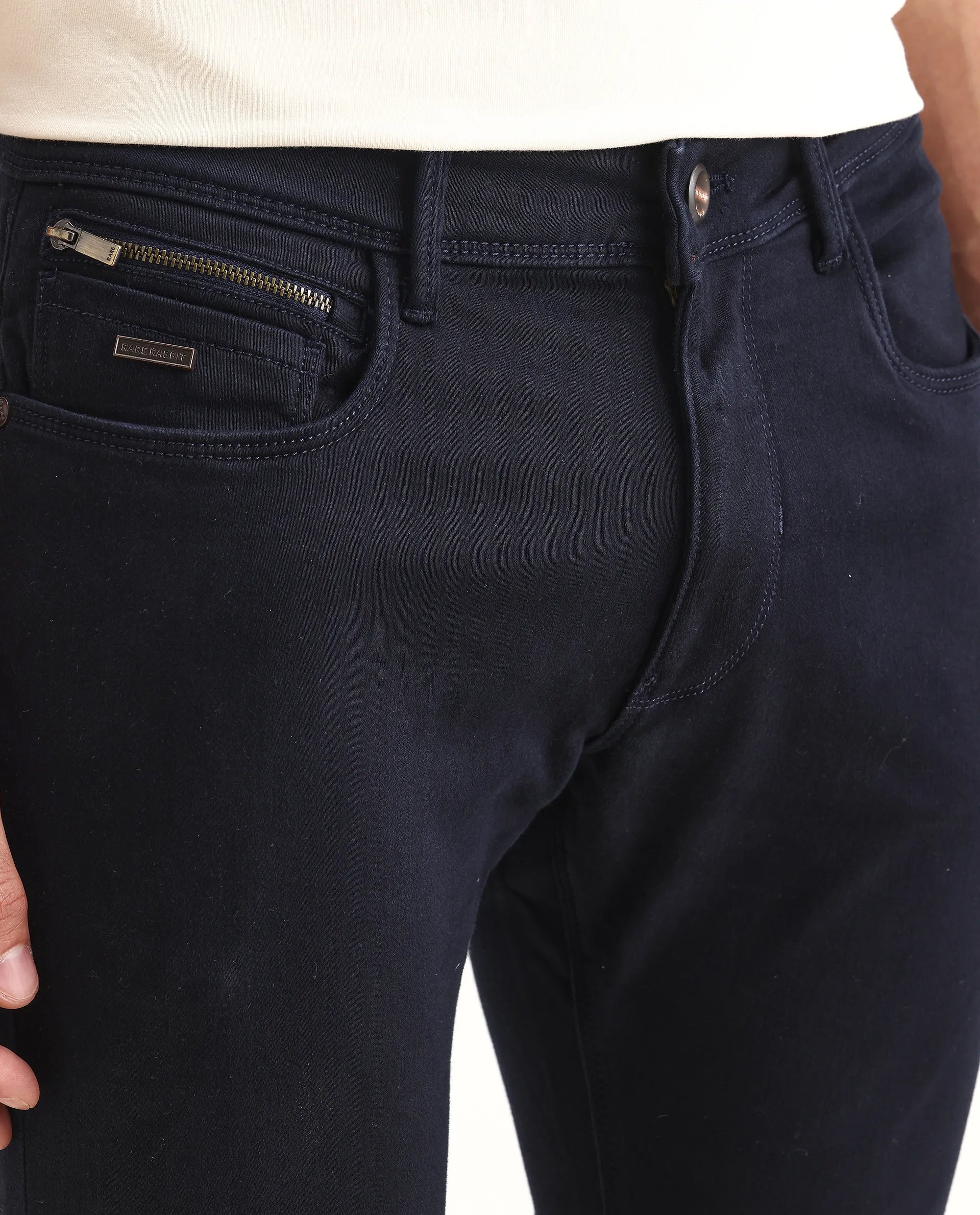 Rare Rabbit Men's Radley Navy Cotton Plain Hawk Slim Fit Jeans