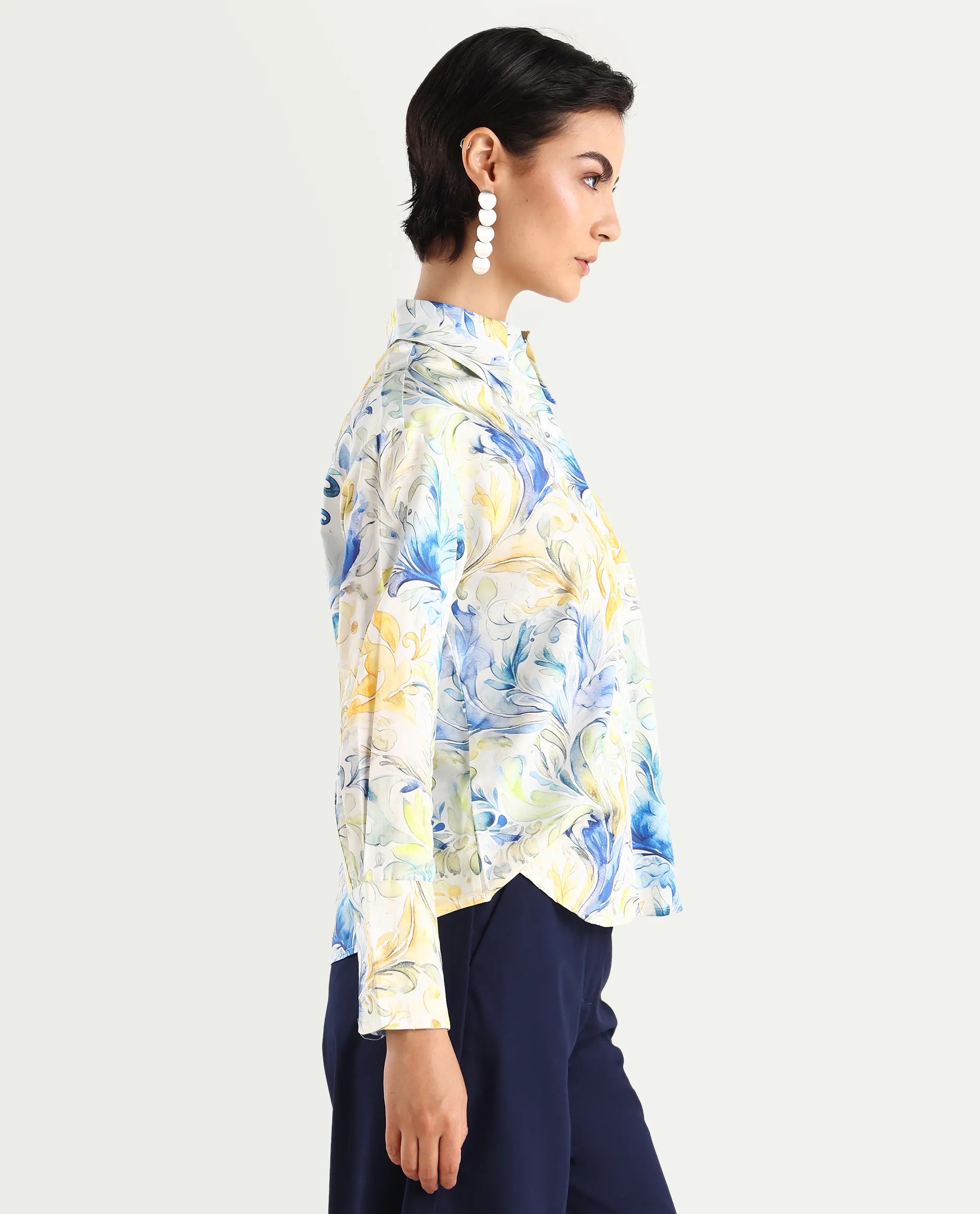 Rareism Women's Raenice Pastrel Multi Cotton Blend Drop Collar Abstract Print Cuffed Sleeve Regular Fit Top