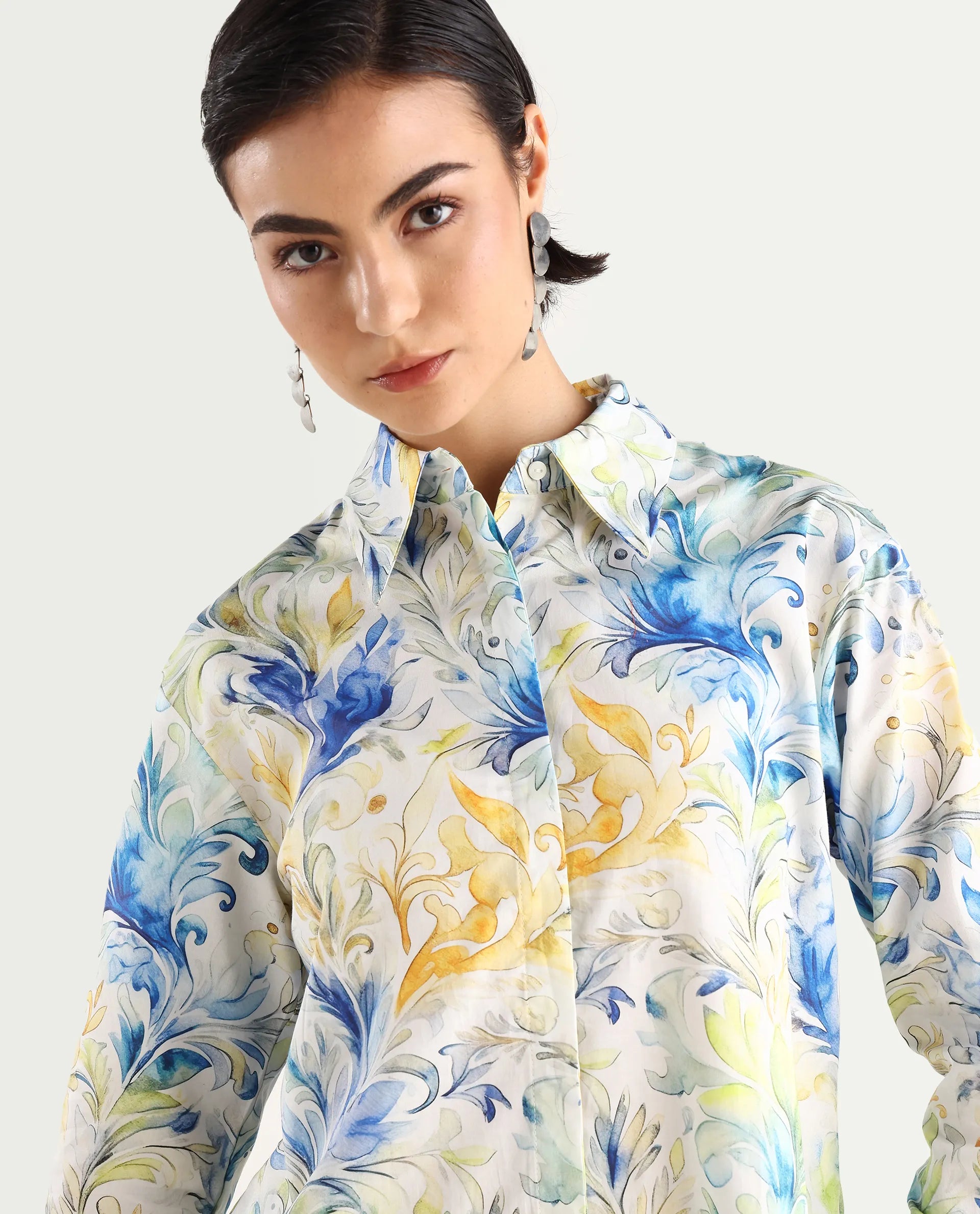 Rareism Women's Raenice Pastrel Multi Cotton Blend Drop Collar Abstract Print Cuffed Sleeve Regular Fit Top