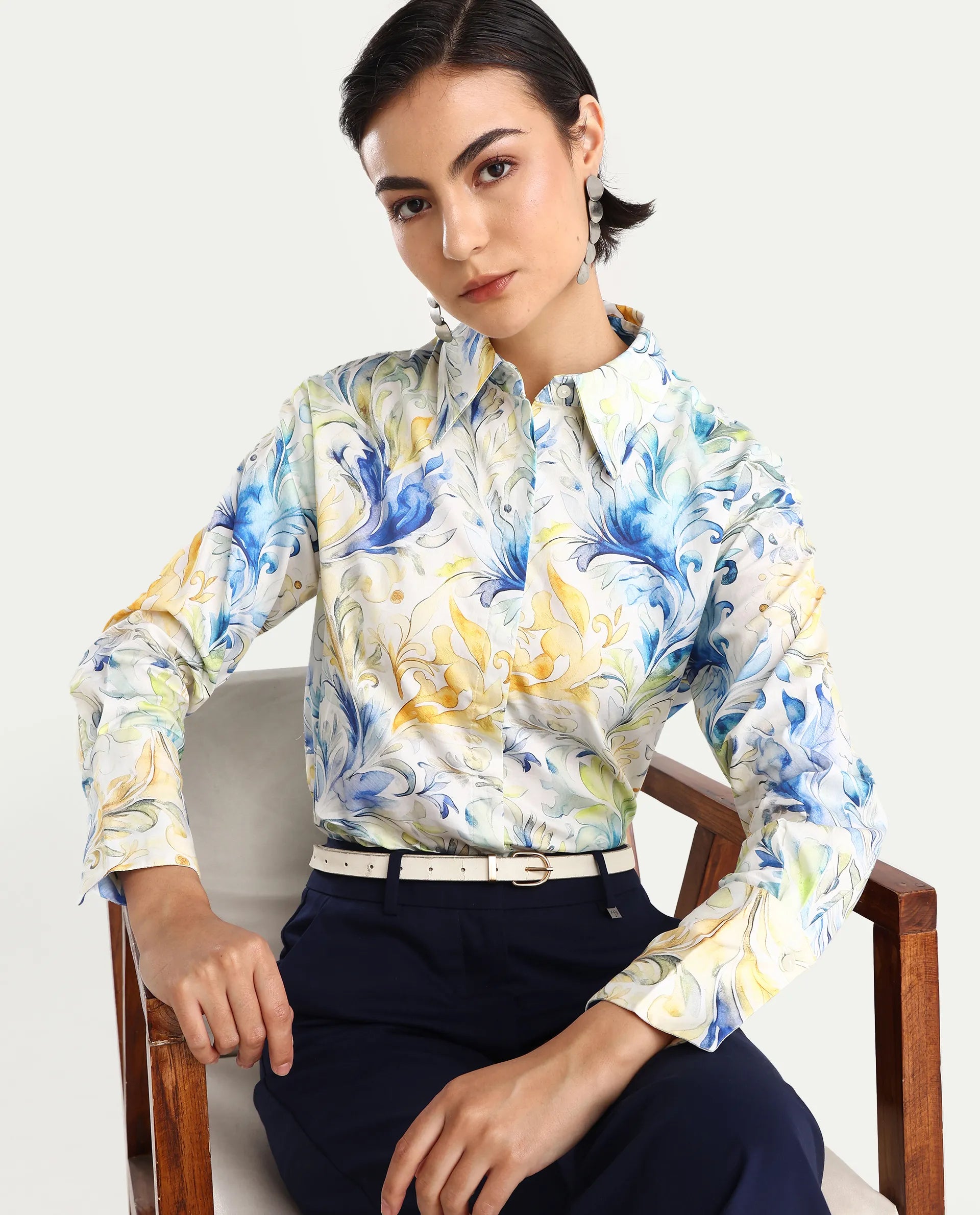 Rareism Women's Raenice Pastrel Multi Cotton Blend Drop Collar Abstract Print Cuffed Sleeve Regular Fit Top