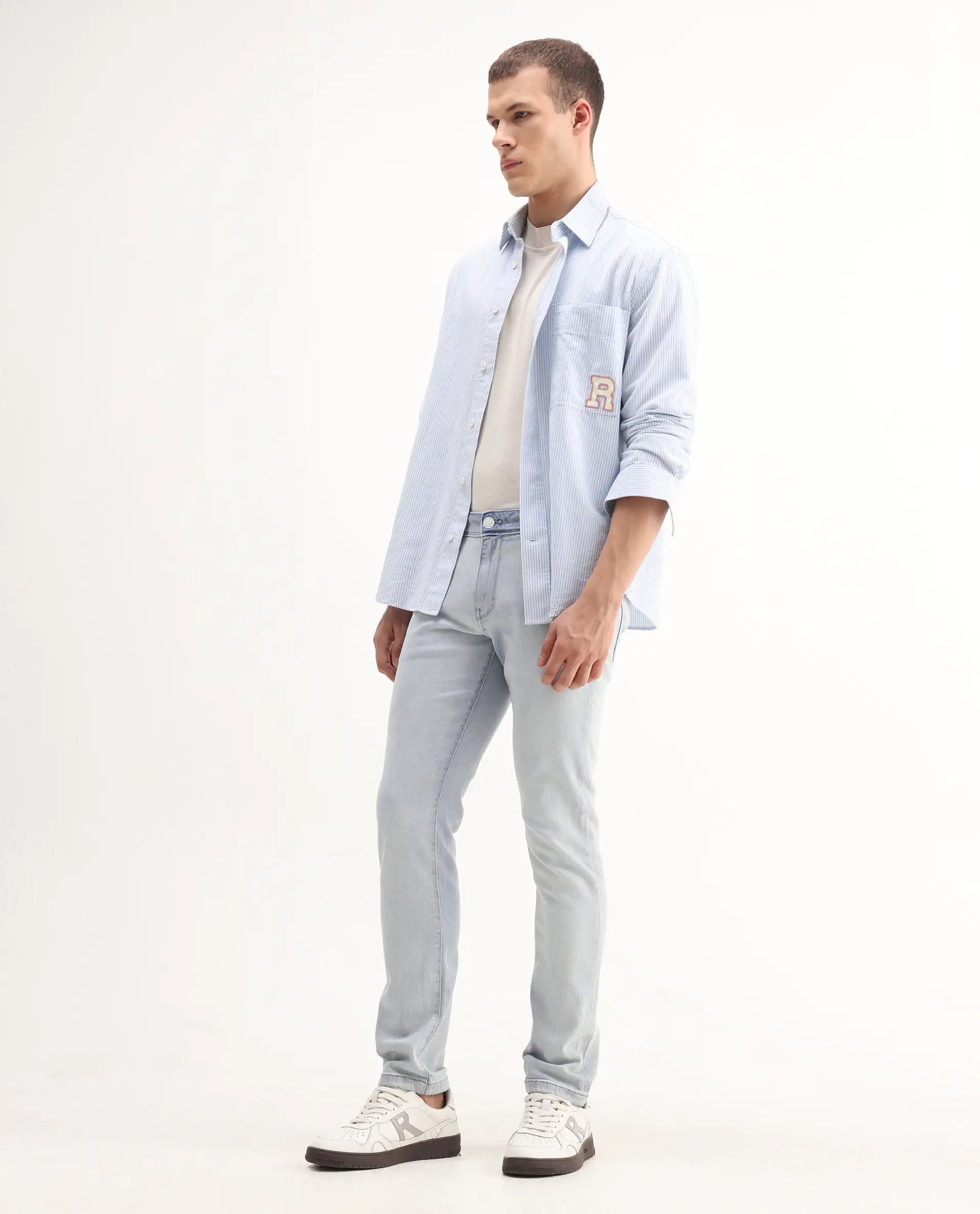 Rare Rabbit Men's Rafail Light Blue Cotton Blend Plain Hawk Slim Fit Jeans