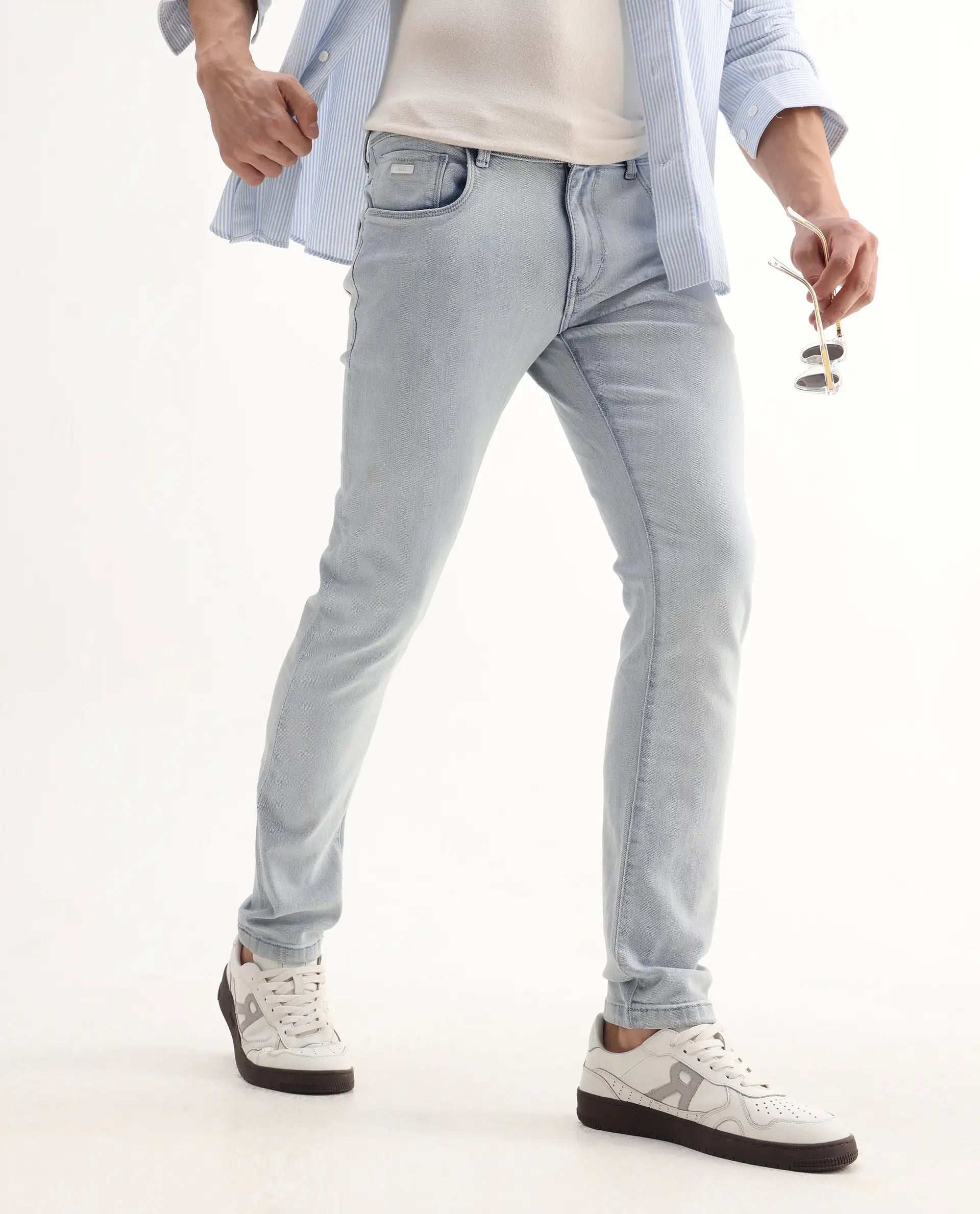 Rare Rabbit Men's Rafail Light Blue Cotton Blend Plain Hawk Slim Fit Jeans