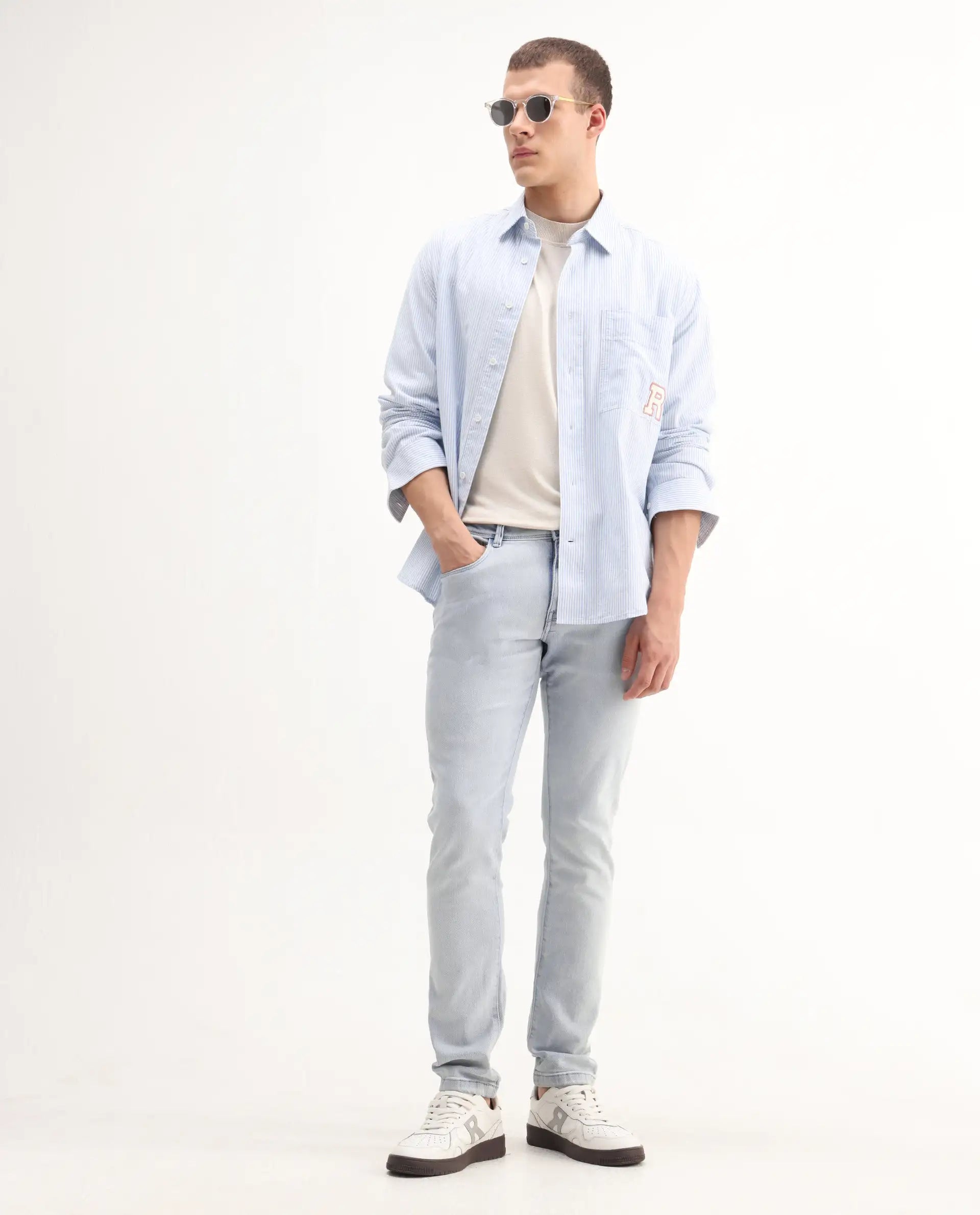 Rare Rabbit Men's Rafail Light Blue Cotton Blend Plain Hawk Slim Fit Jeans