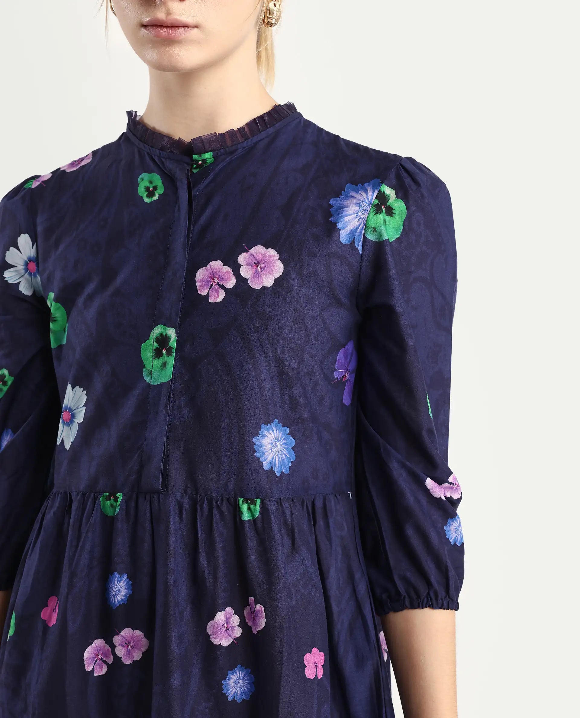 Rareism Women's Ragen Navy Cotton High Neck Floral Print Balloon Sleeve Knee Length Regular Fit Dress