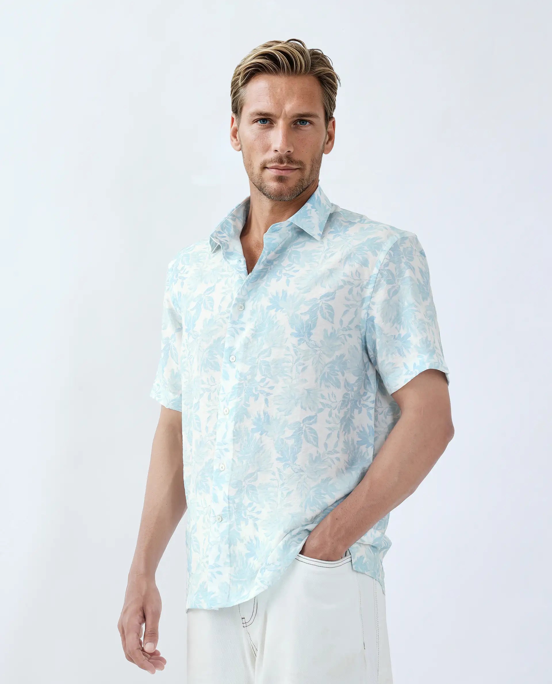 Rare Rabbit Men's Rage Pastel Blue Viscose Blend Tropical Print Regular Fit Half Sleeve Collared Shirt
