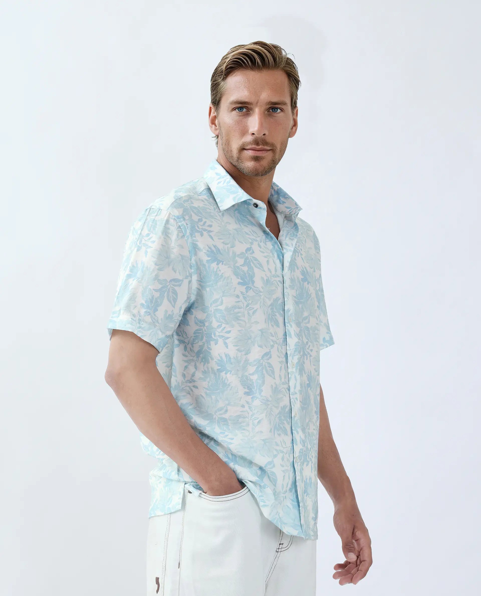 Rare Rabbit Men's Rage Pastel Blue Viscose Blend Tropical Print Regular Fit Half Sleeve Collared Shirt