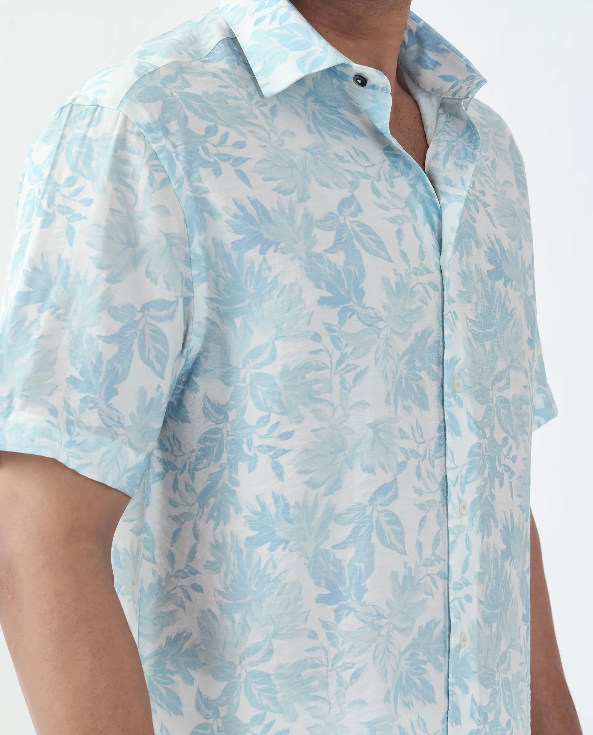 Rare Rabbit Men's Rage Pastel Blue Viscose Blend Tropical Print Regular Fit Half Sleeve Collared Shirt
