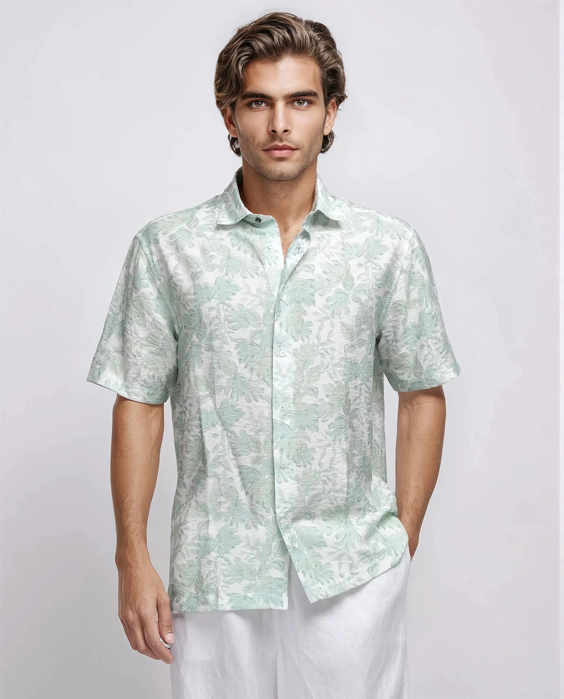 Rare Rabbit Men's Rage Pastel Green Viscose Blend Tropical Print Regular Fit Half Sleeve Collared Shirt