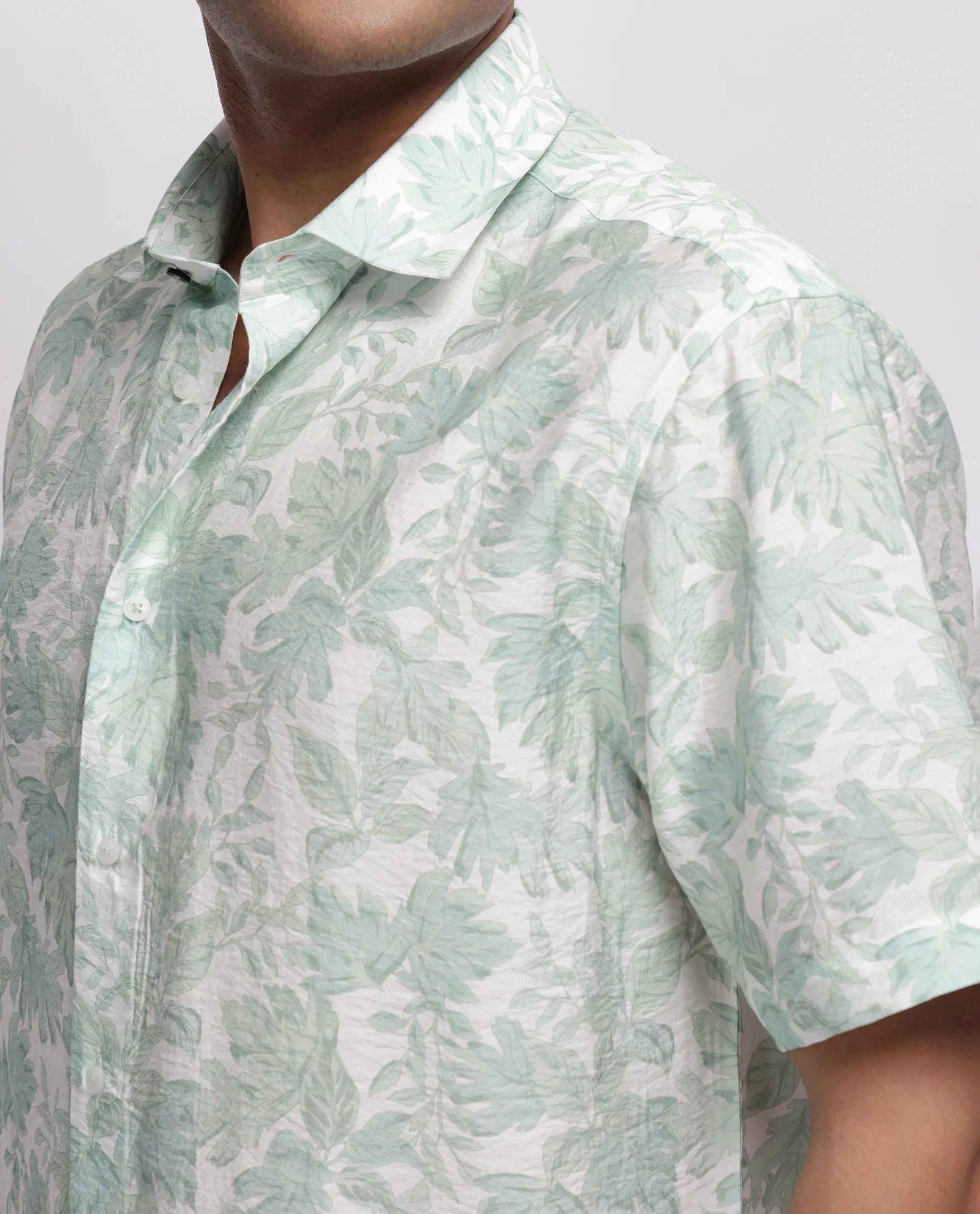 Rare Rabbit Men's Rage Pastel Green Viscose Blend Tropical Print Regular Fit Half Sleeve Collared Shirt