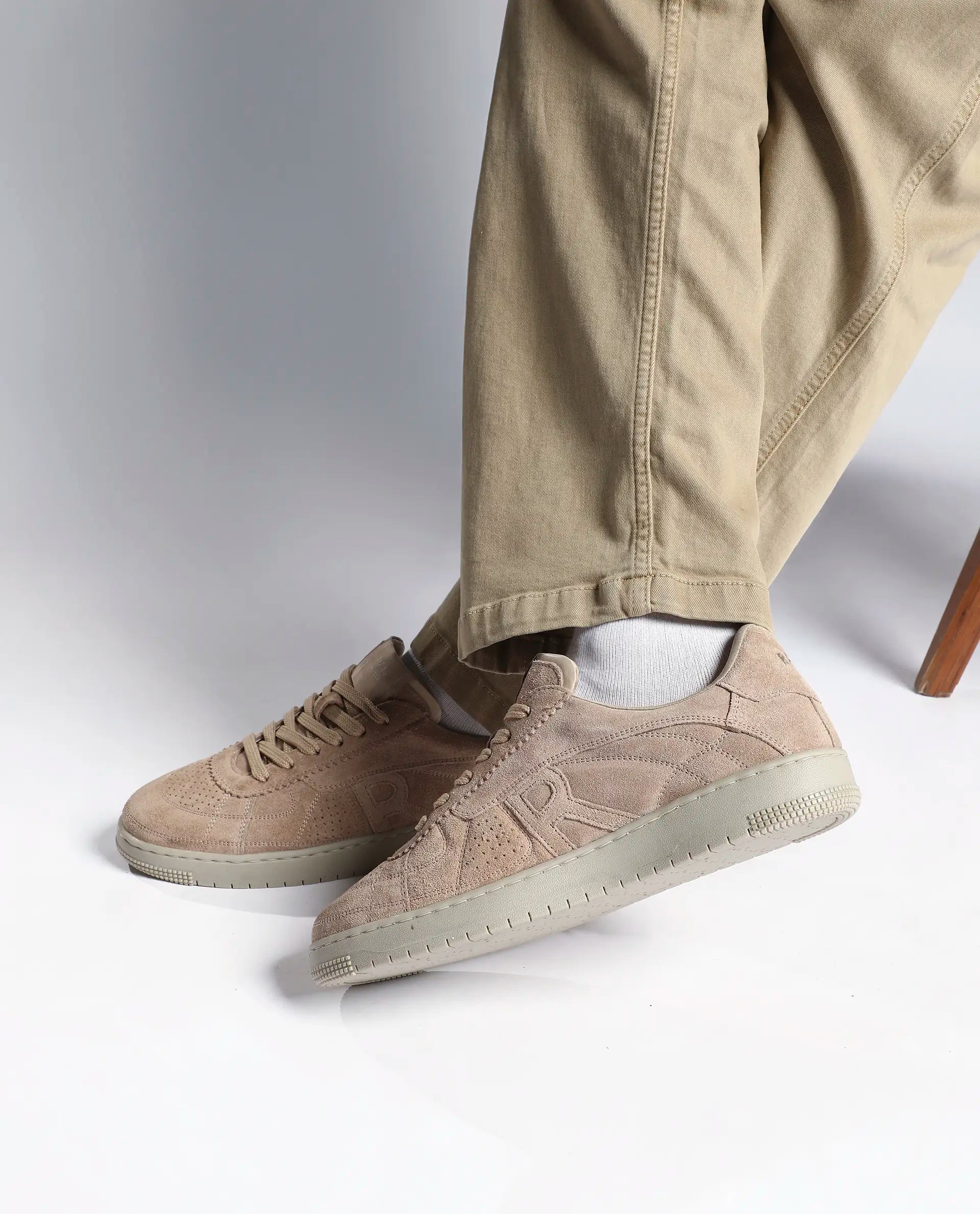 Rare Rabbit Men Ragno Biege Genuine Suede Leather Low-Top Lace Up Sneaker Shoes