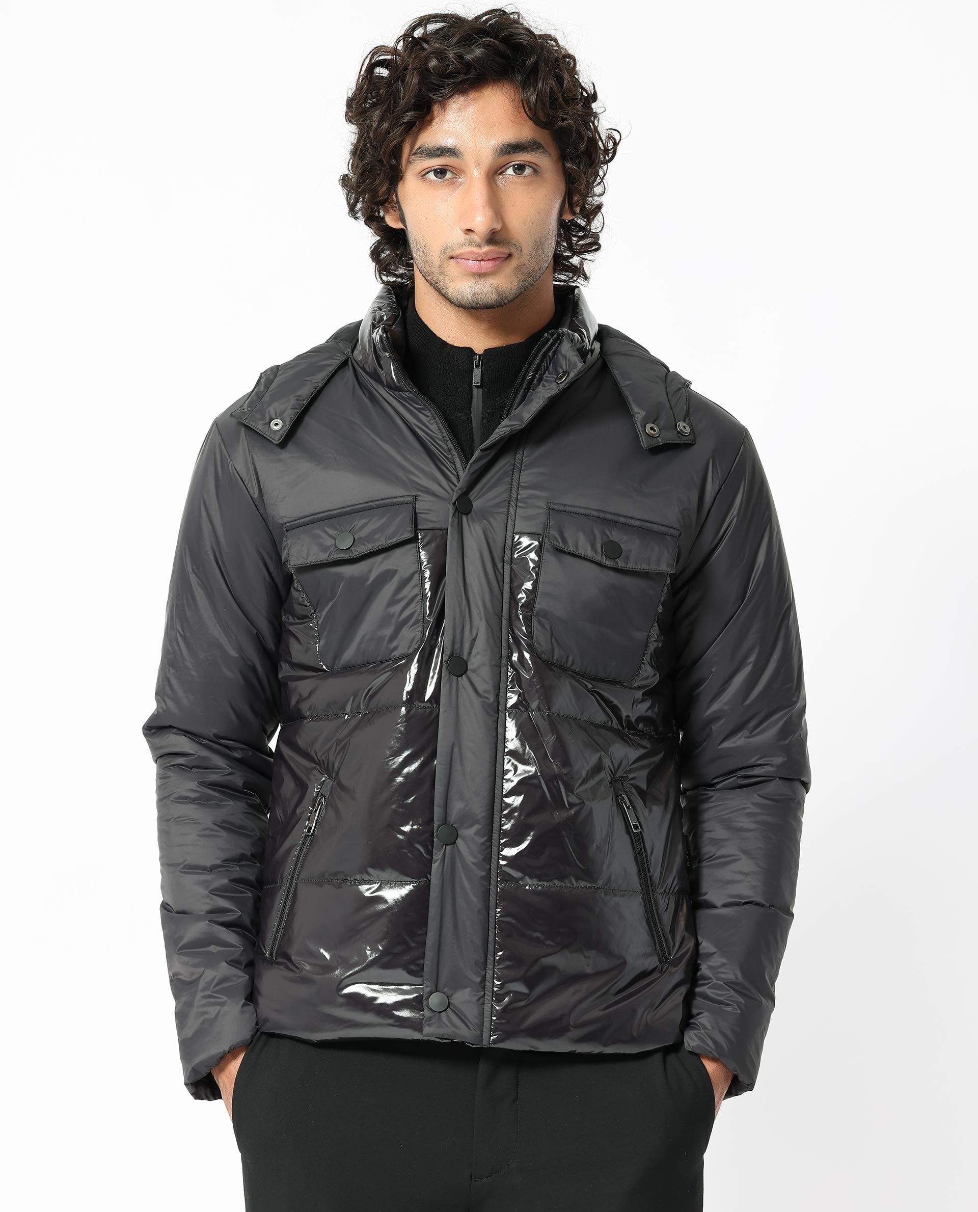 Rare Rabbit Men's Ragon Black Two-Tone With Detachable Hood Metallic Jacket