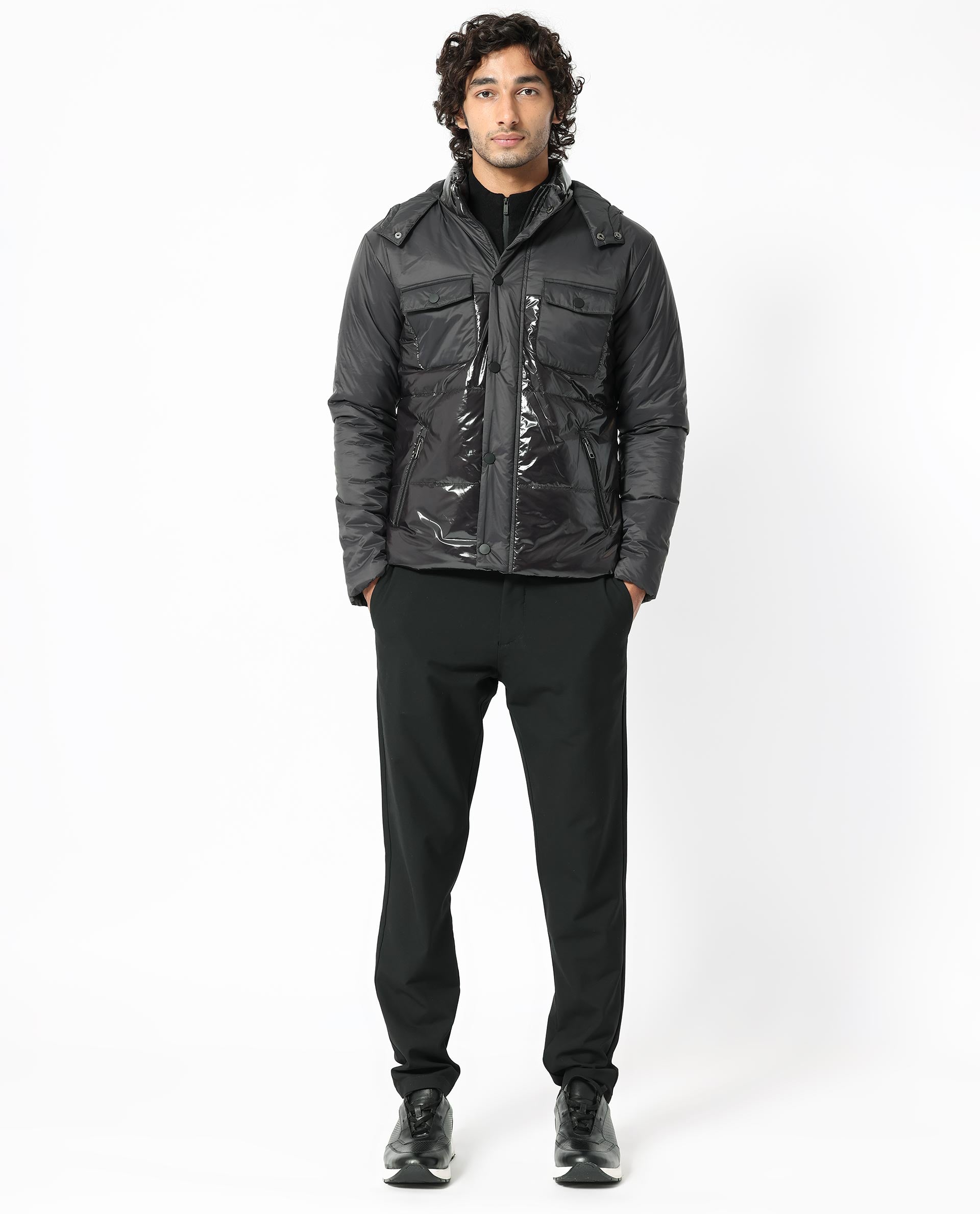 Rare Rabbit Men's Ragon Black Two-Tone With Detachable Hood Metallic Jacket