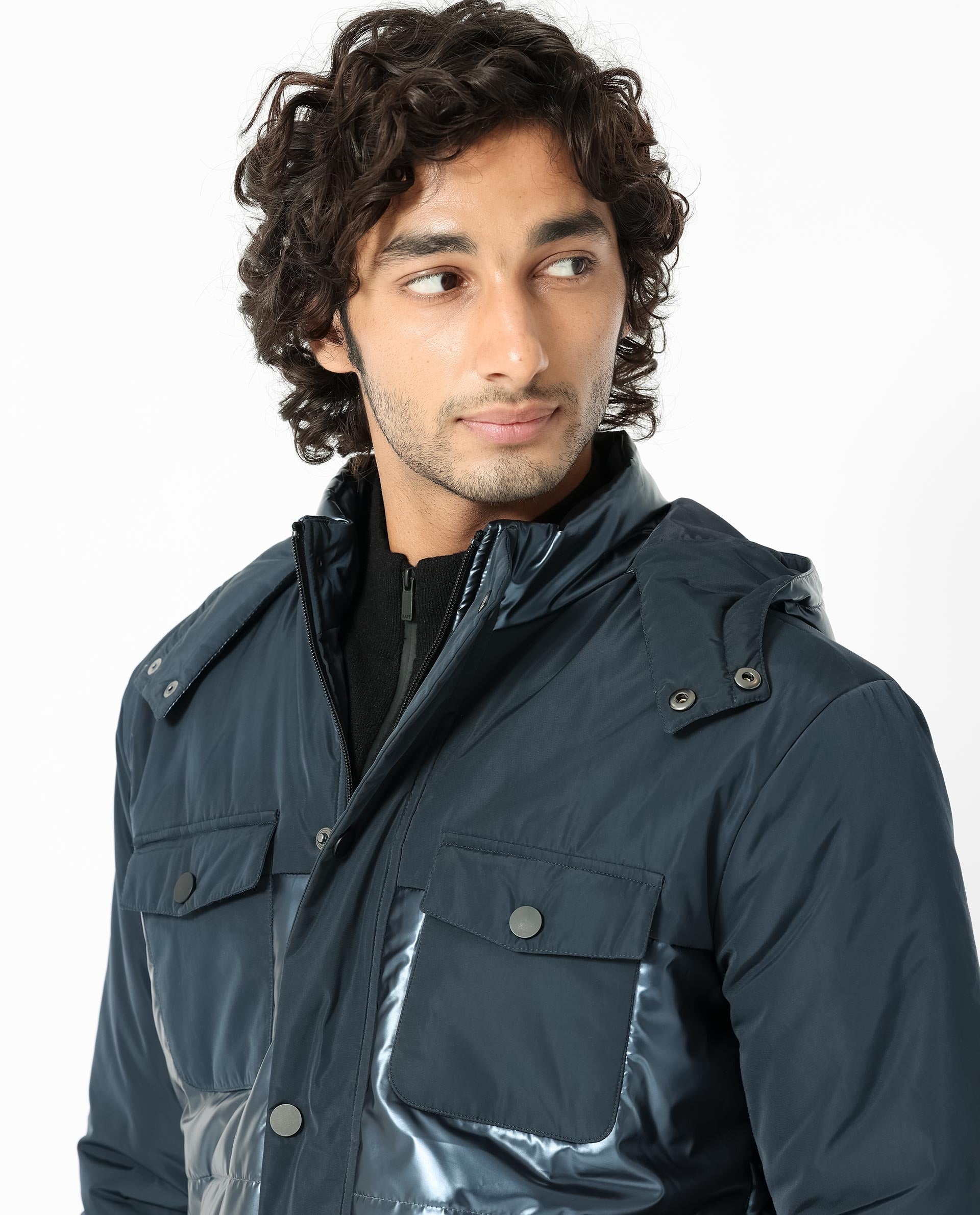Rare Rabbit Men's Ragon Dark Blue Two-Tone With Detachable Hood Metallic Jacket