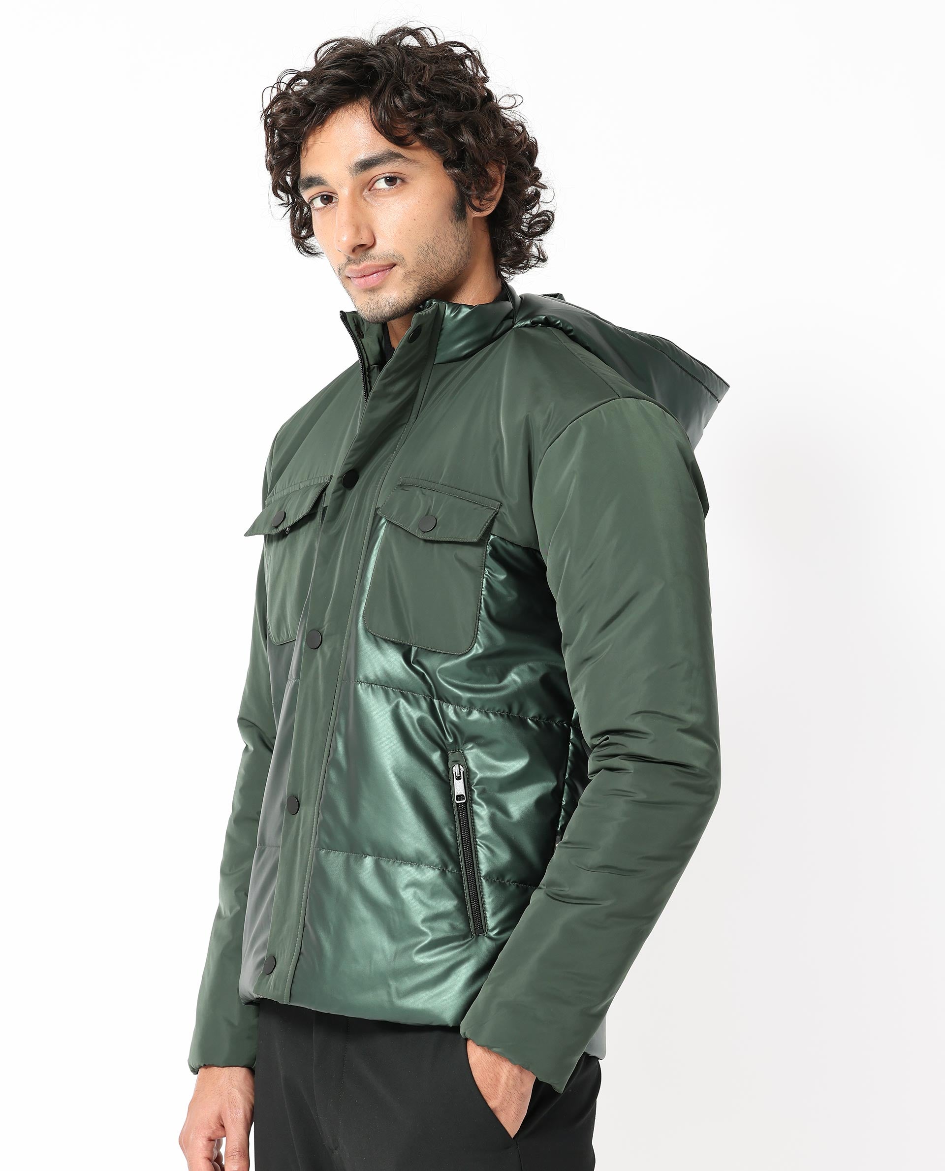 Rare Rabbit Men's Ragon Dark Green Two-Tone With Detachable Hood Metallic Jacket