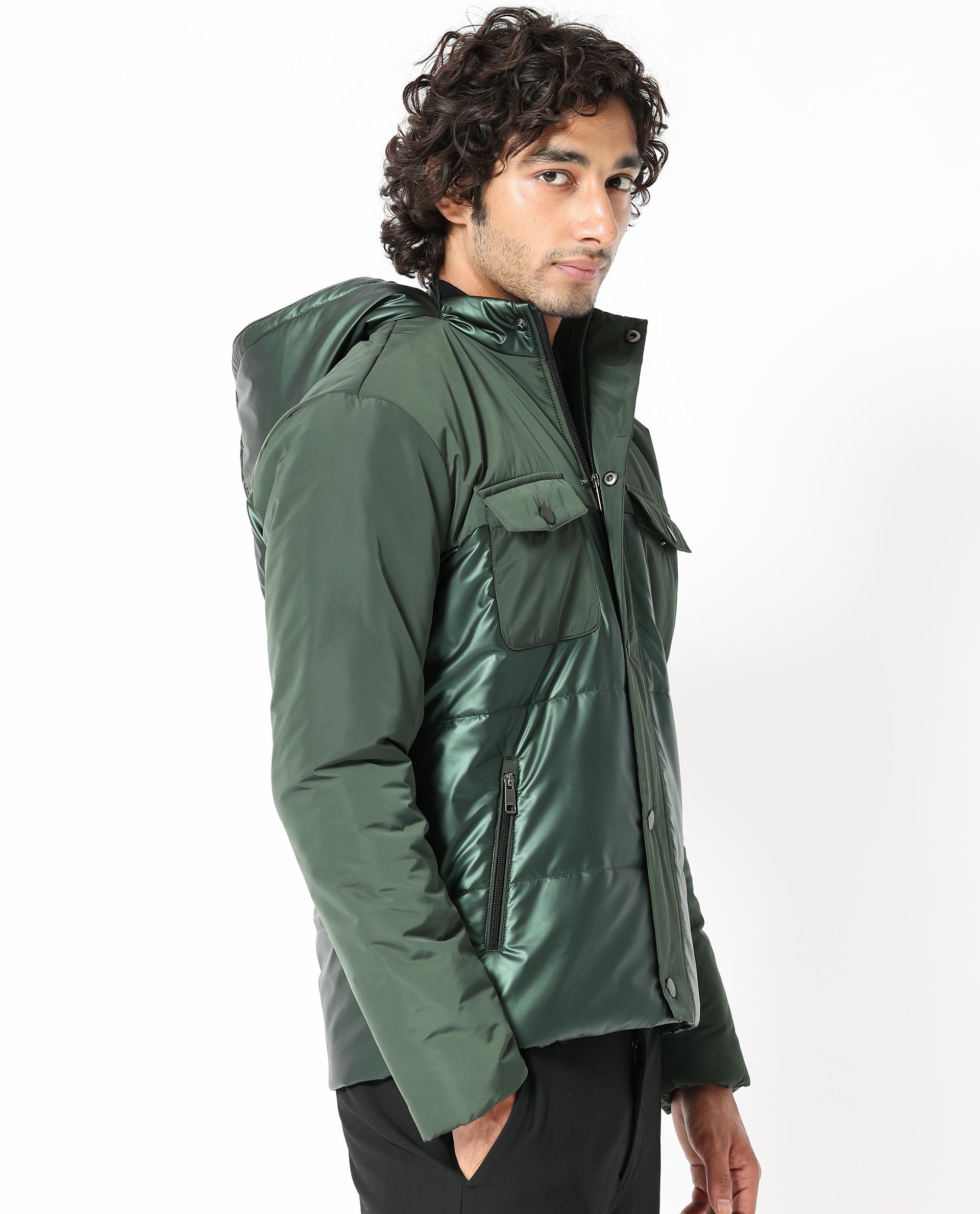 Rare Rabbit Men's Ragon Dark Green Two-Tone With Detachable Hood Metallic Jacket