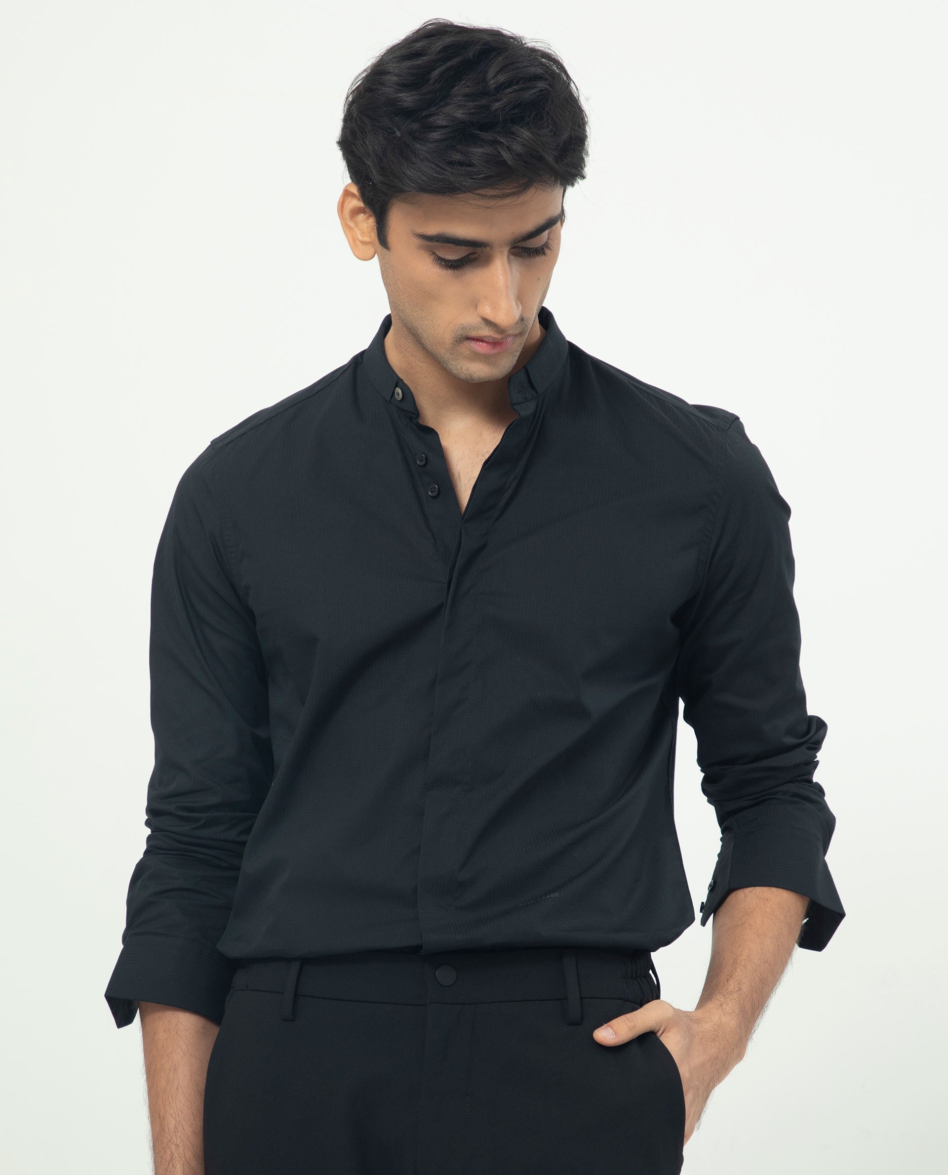 Rare Rabbit Men's Rains Black Cotton Fabric Mandarin Collar Full Sleeves Micro Striped Dobby Shirt