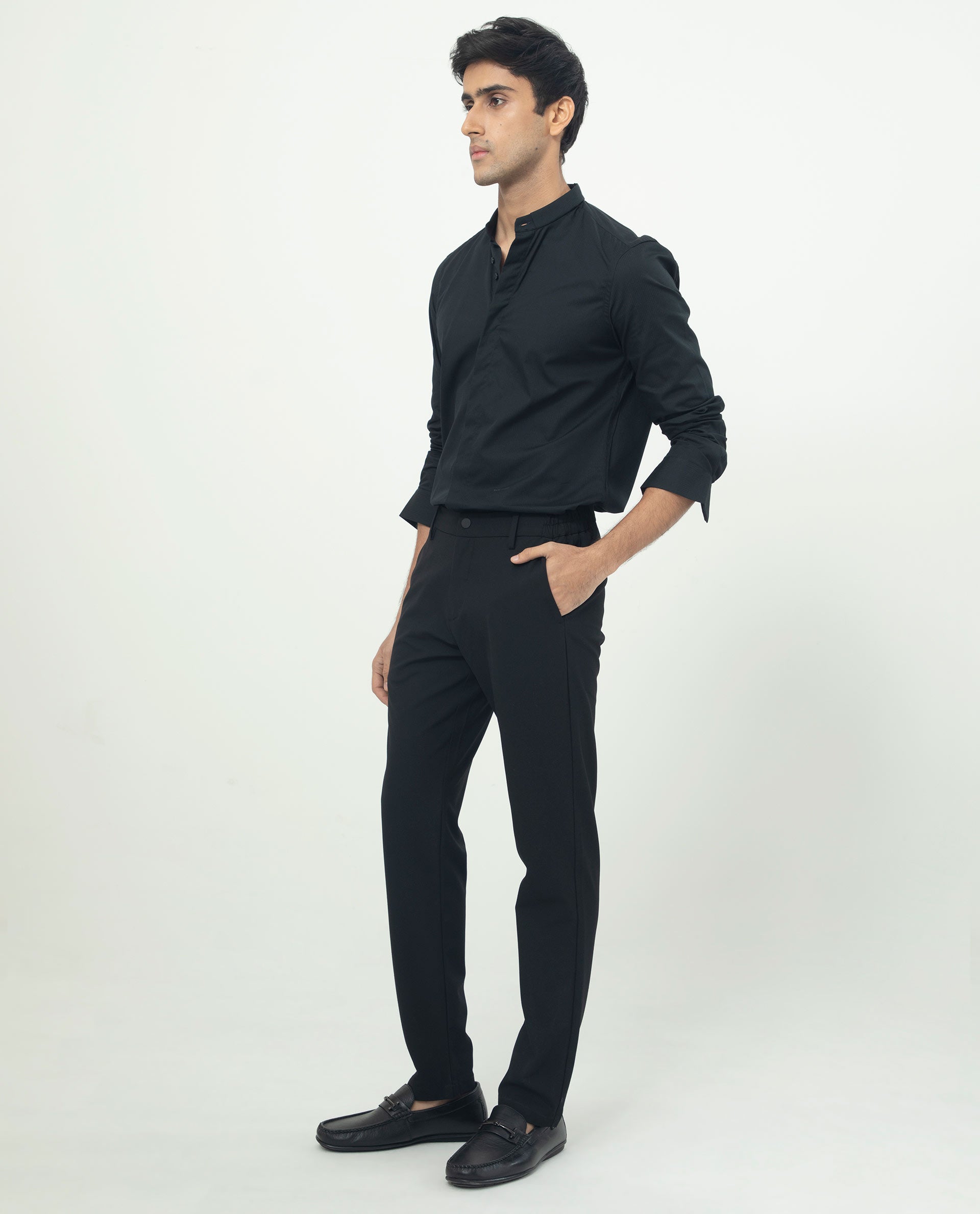 Rare Rabbit Men's Rains Black Cotton Fabric Mandarin Collar Full Sleeves Micro Striped Dobby Shirt