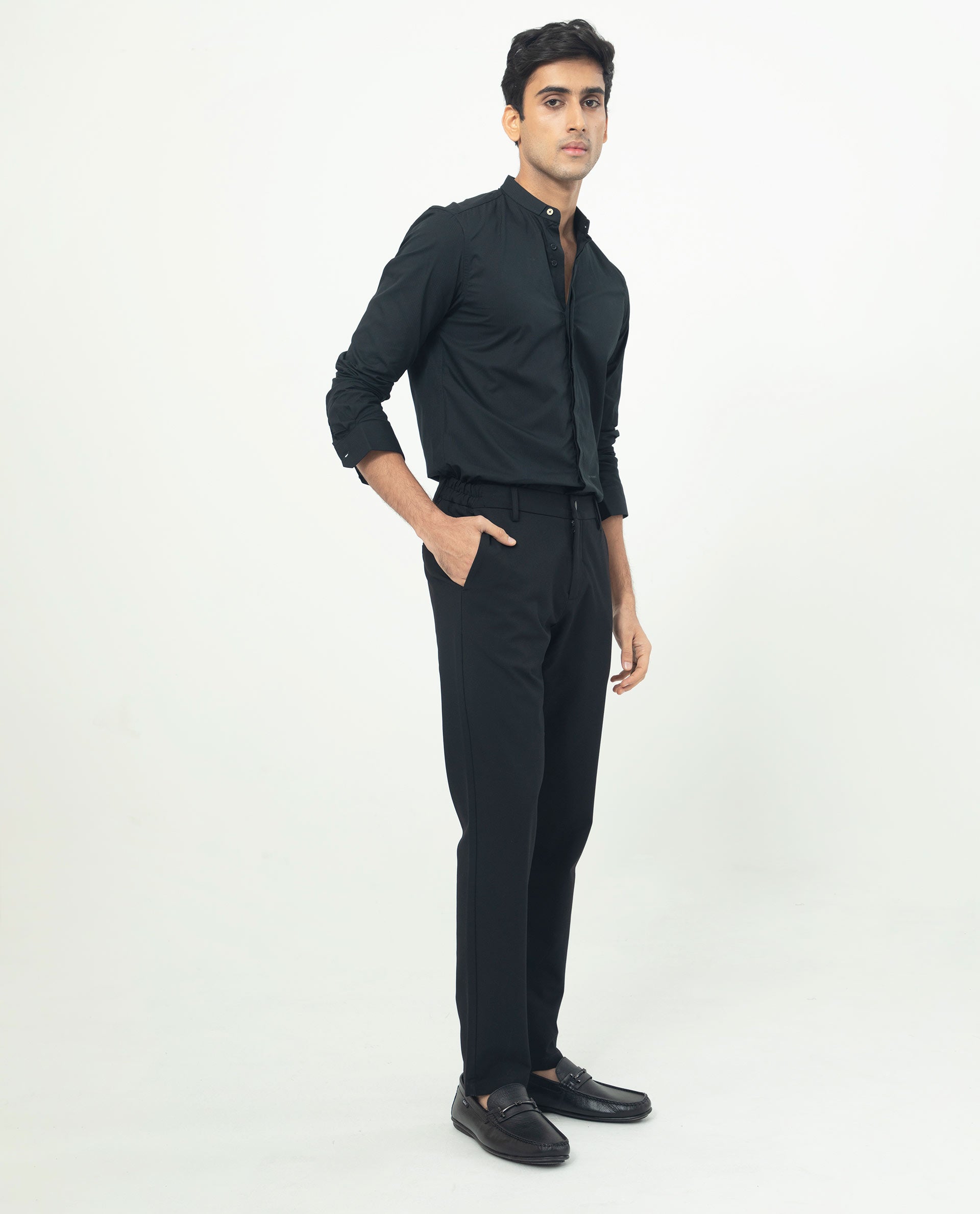 Rare Rabbit Men's Rains Black Cotton Fabric Mandarin Collar Full Sleeves Micro Striped Dobby Shirt