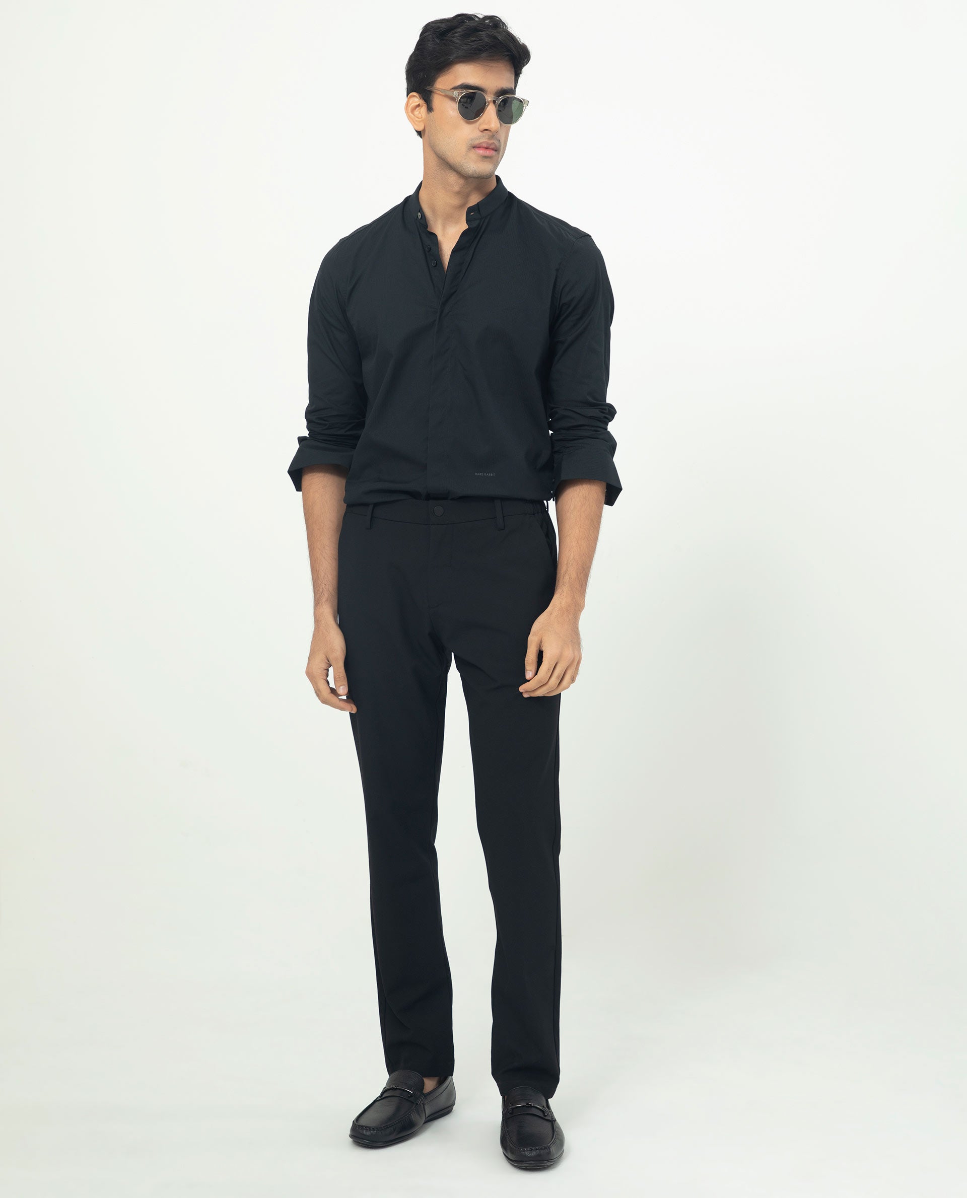 Rare Rabbit Men's Rains Black Cotton Fabric Mandarin Collar Full Sleeves Micro Striped Dobby Shirt