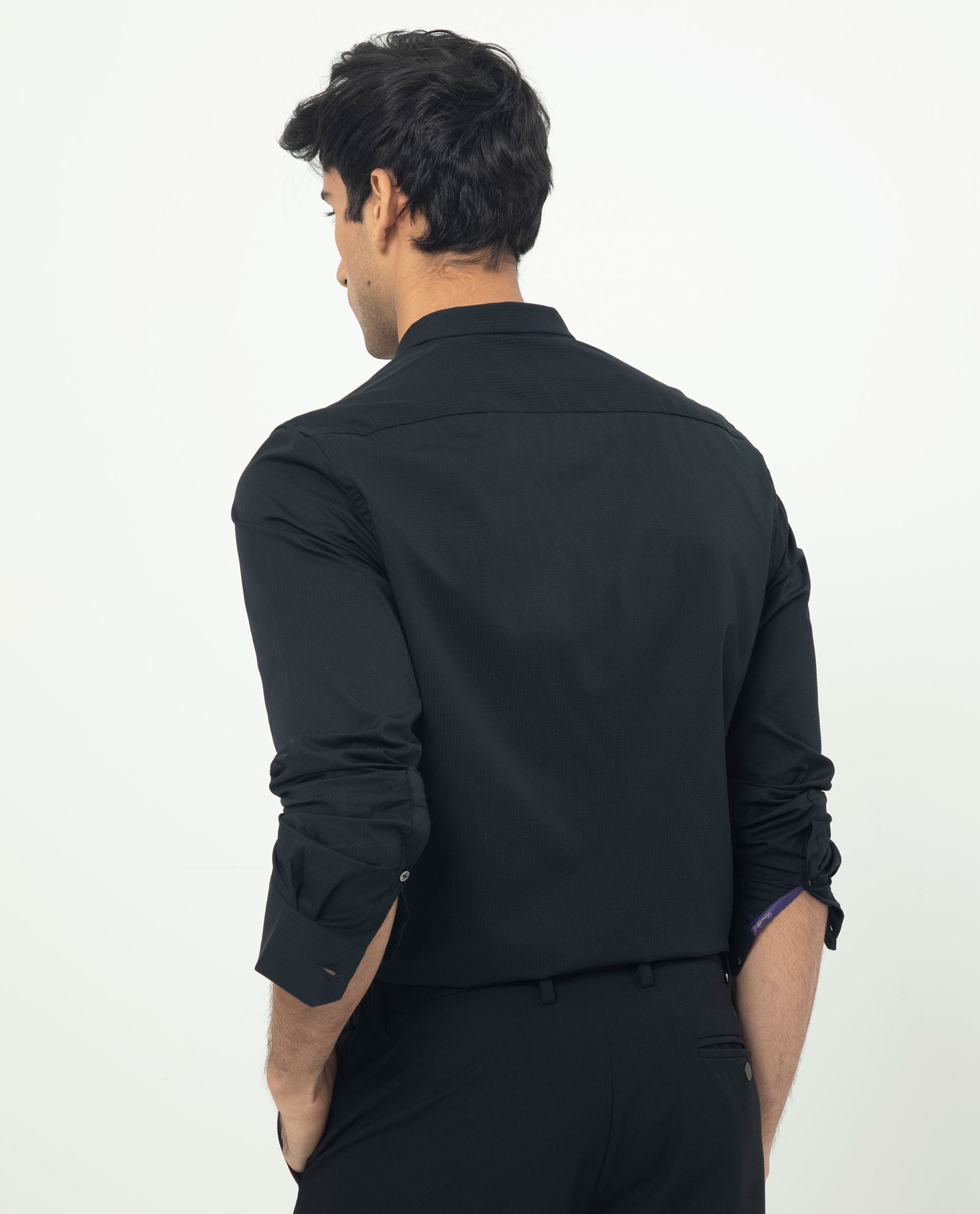 Rare Rabbit Men's Rains Black Cotton Fabric Mandarin Collar Full Sleeves Micro Striped Dobby Shirt