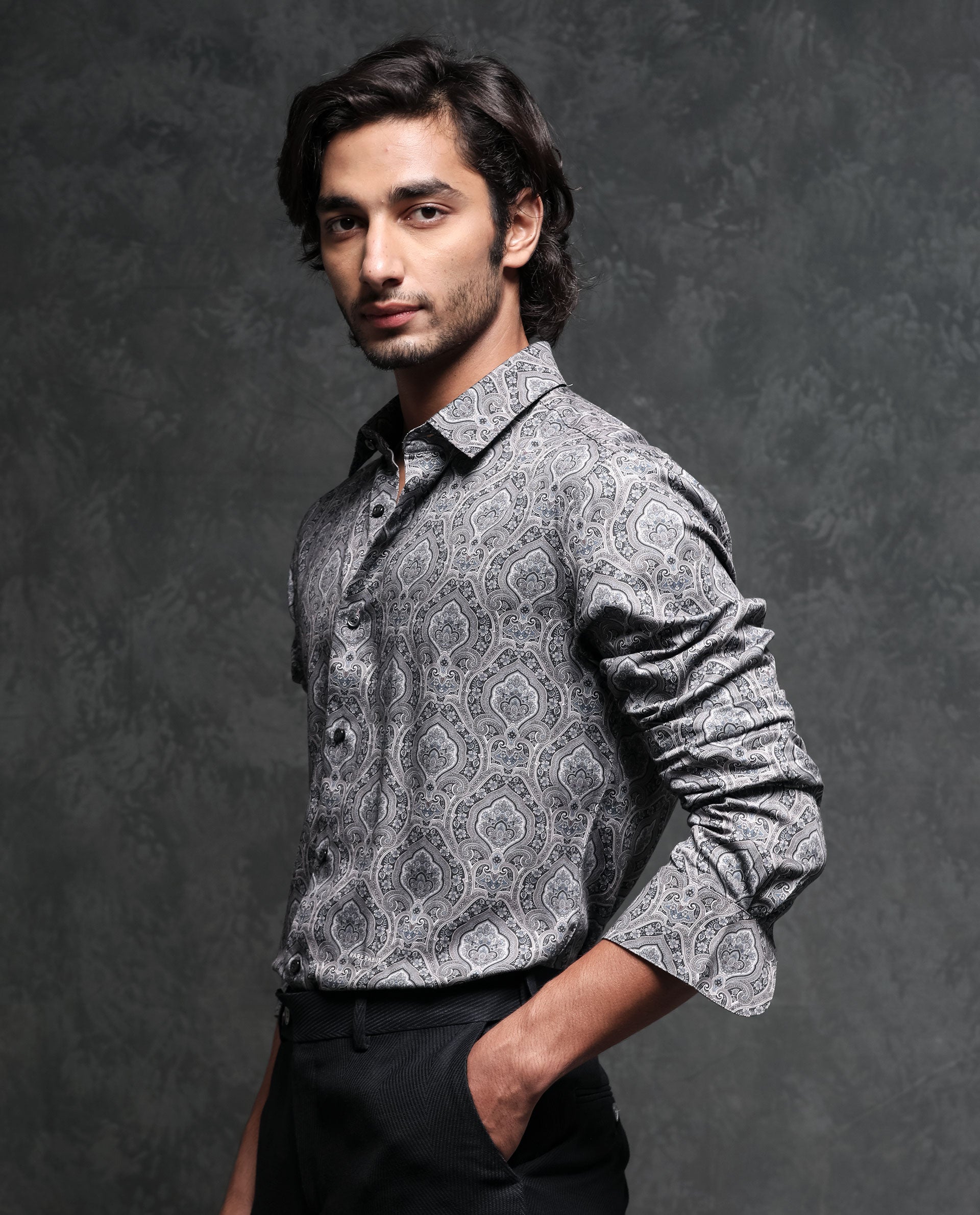 Rare Rabbit Men's Raja Black Cotton Modal Fabric Geometric Paisley Print Full Sleeves Shirt