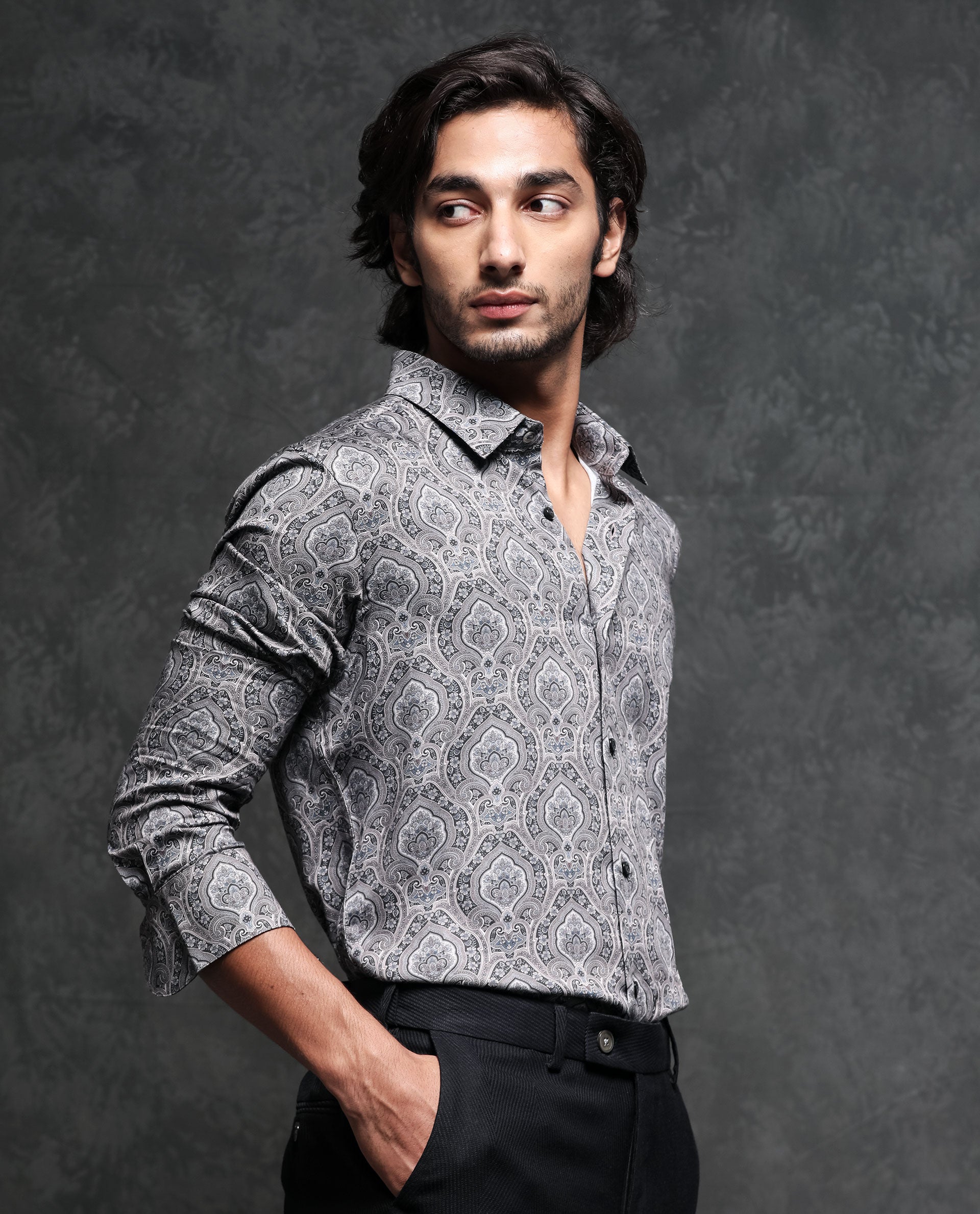 Rare Rabbit Men's Raja Black Cotton Modal Fabric Geometric Paisley Print Full Sleeves Shirt