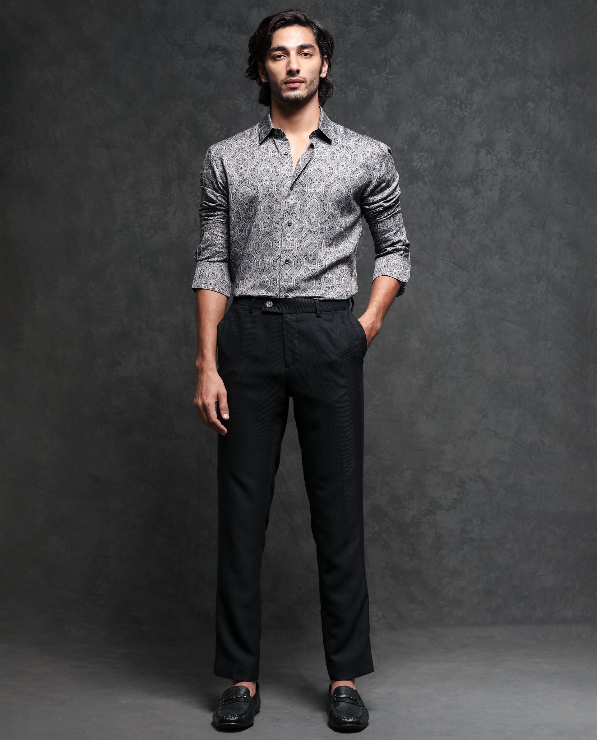 Rare Rabbit Men's Raja Black Cotton Modal Fabric Geometric Paisley Print Full Sleeves Shirt