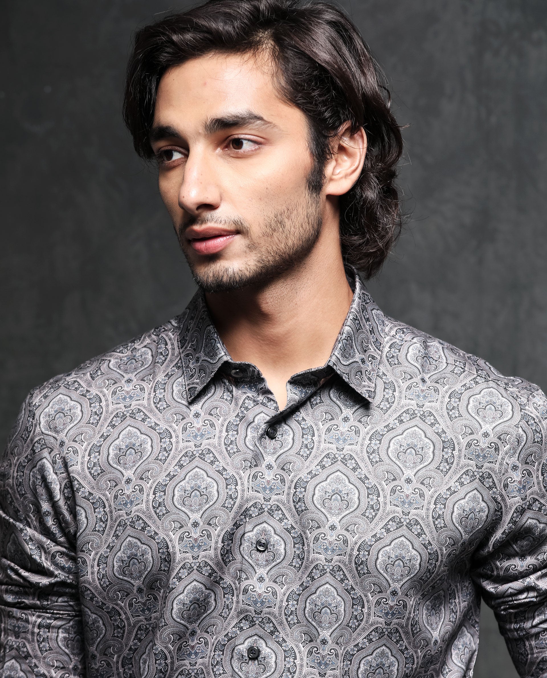 Rare Rabbit Men's Raja Black Cotton Modal Fabric Geometric Paisley Print Full Sleeves Shirt