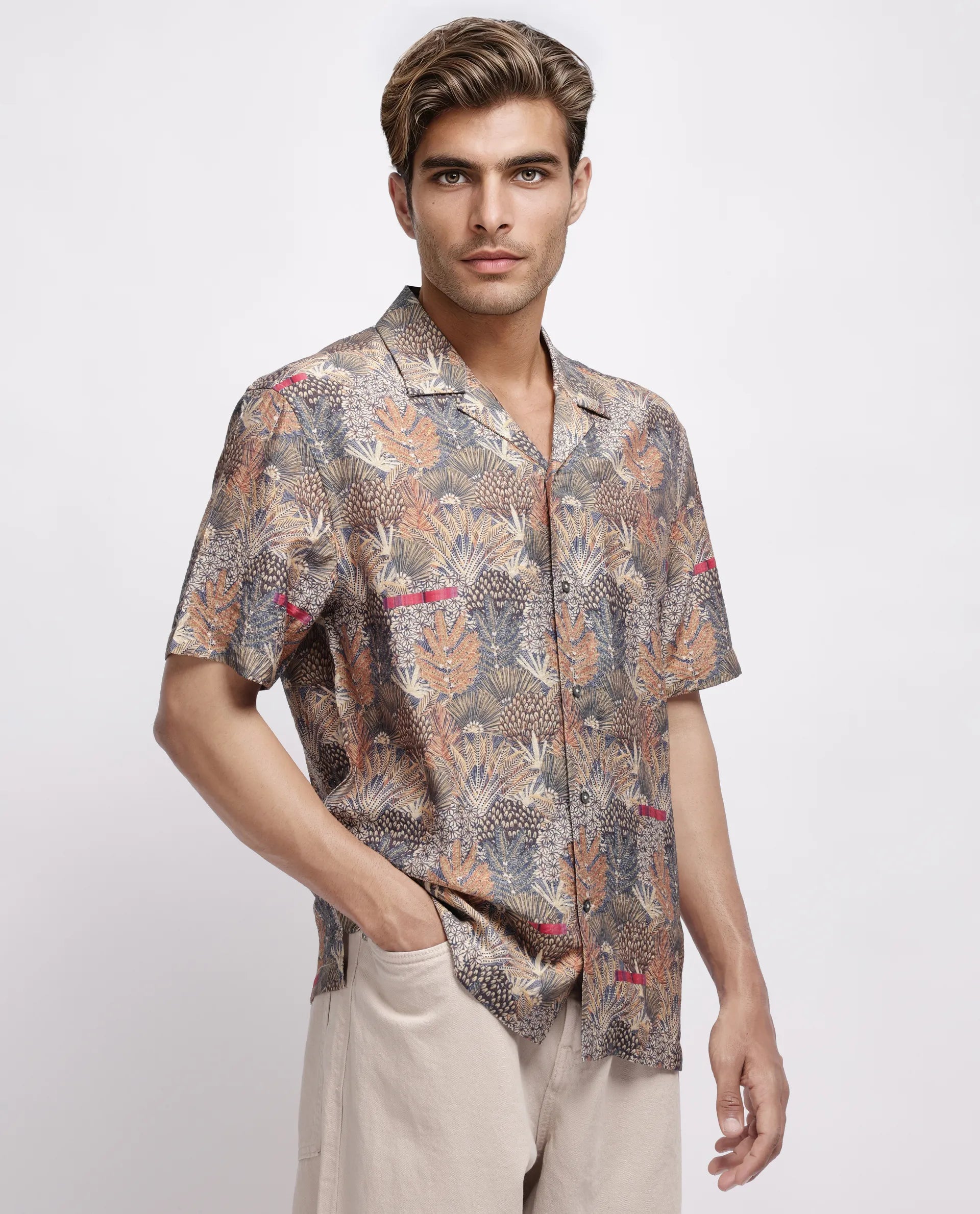 Rare Rabbit Men's Rake Light Olive Viscose Blend Tropical Print Boxy Fit Half Sleeve Cuban Collar Shirt