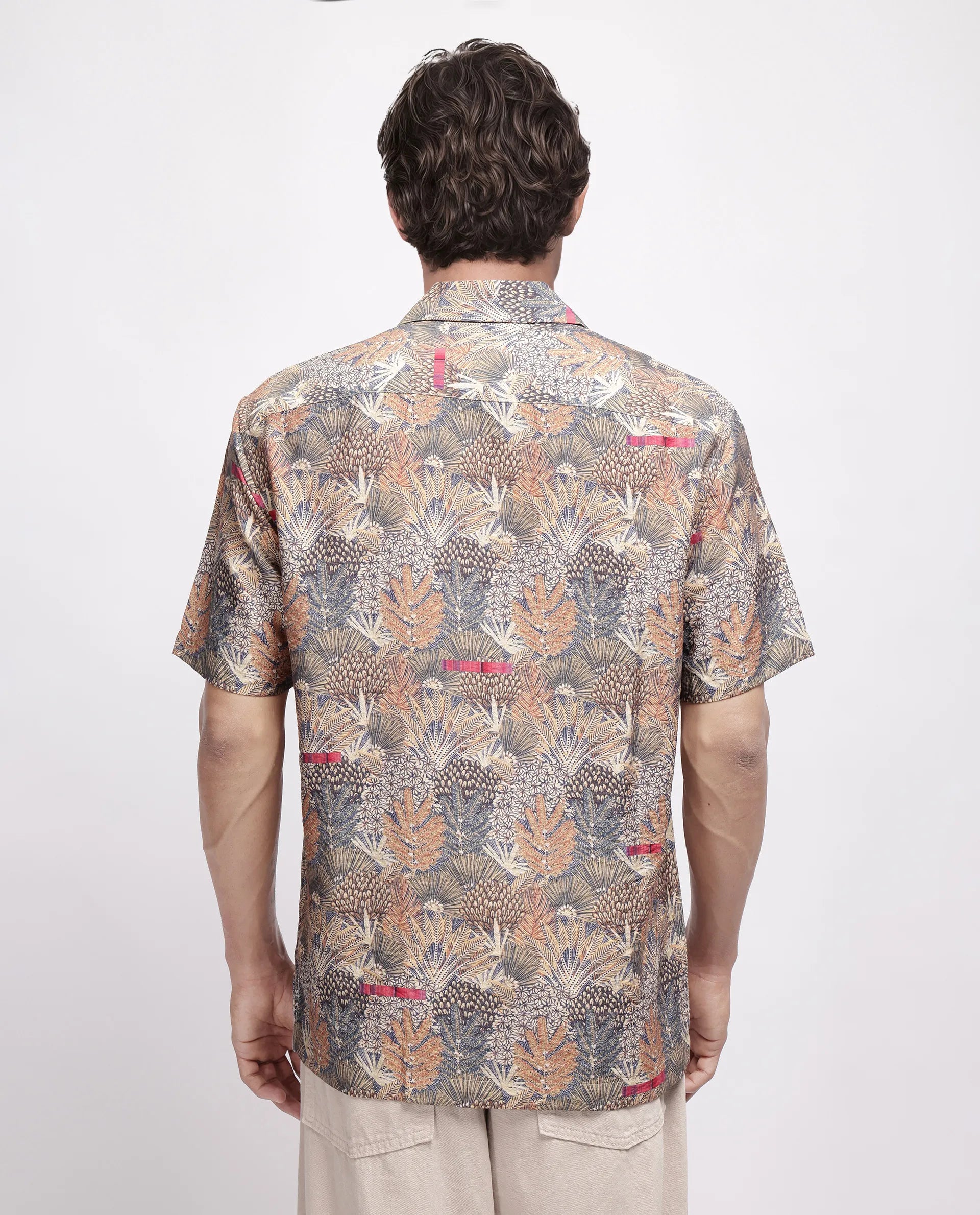 Rare Rabbit Men's Rake Light Olive Viscose Blend Tropical Print Boxy Fit Half Sleeve Cuban Collar Shirt