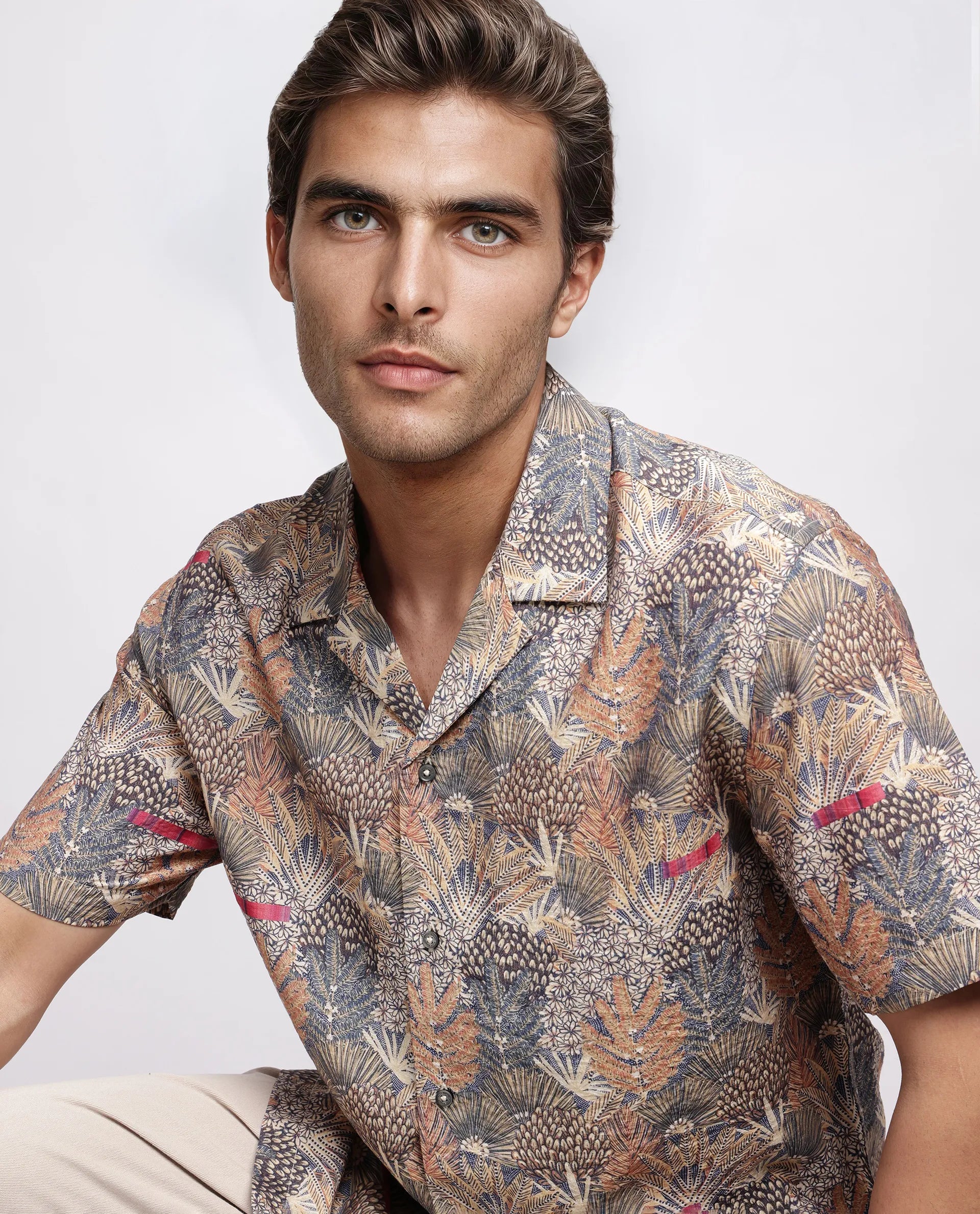 Rare Rabbit Men's Rake Light Olive Viscose Blend Tropical Print Boxy Fit Half Sleeve Cuban Collar Shirt