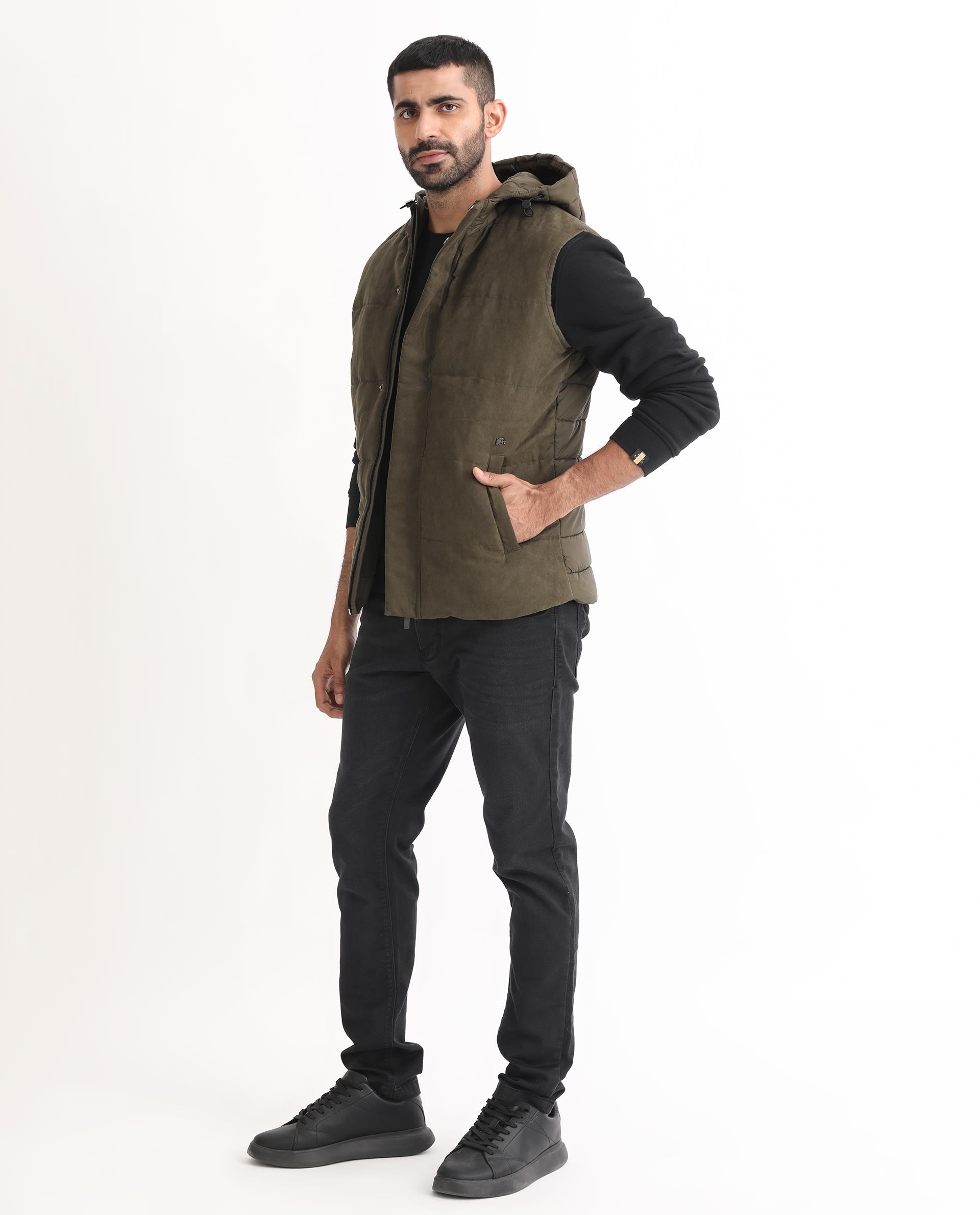 Rare Rabbit Men's Rald Olive Suede Sleeveless Hooded Puffer Jacket