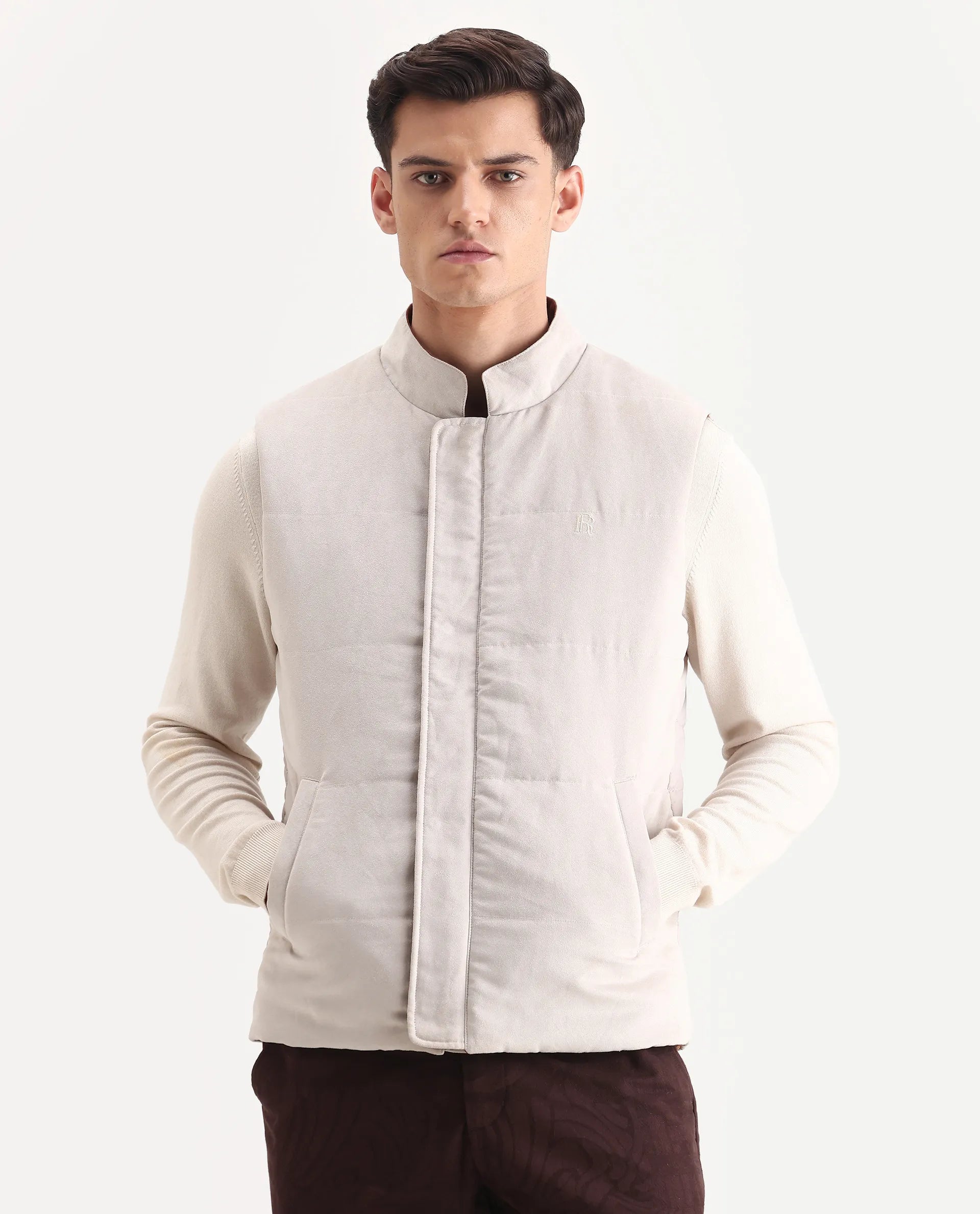 Rare Rabbit Men's Raldo-25 Off White Polyester Blend Fabric High Neck Regular Fit Plain Jacket