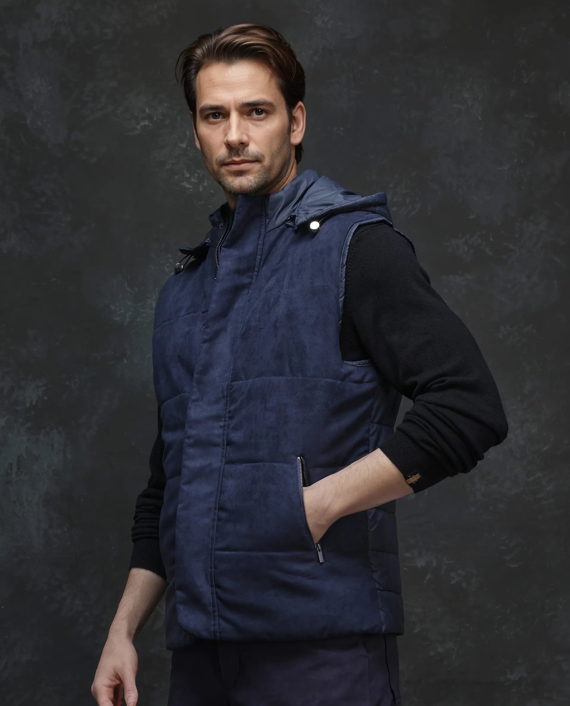 Rare Rabbit Men Raldo - 2 Navy Polyester Fabric Sleeveless High Neck with Detachable Hood Button and Zip Closure Plain Puffer Gilet Jacket