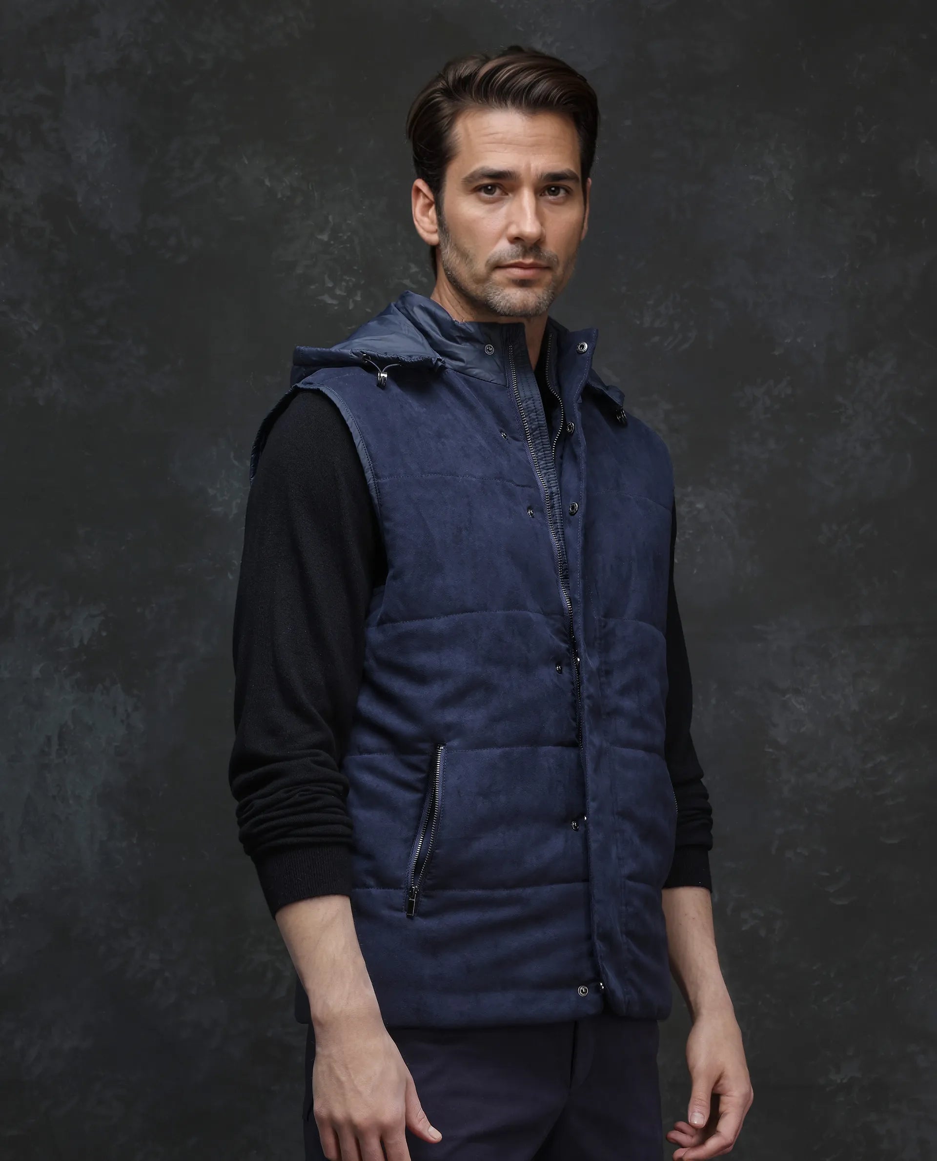 Rare Rabbit Men Raldo - 2 Navy Polyester Fabric Sleeveless High Neck with Detachable Hood Button and Zip Closure Plain Puffer Gilet Jacket
