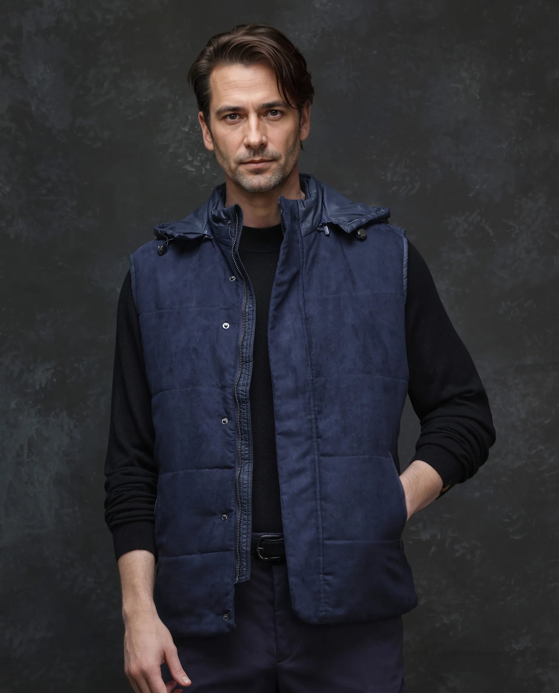 Rare Rabbit Men Raldo - 2 Navy Polyester Fabric Sleeveless High Neck with Detachable Hood Button and Zip Closure Plain Puffer Gilet Jacket