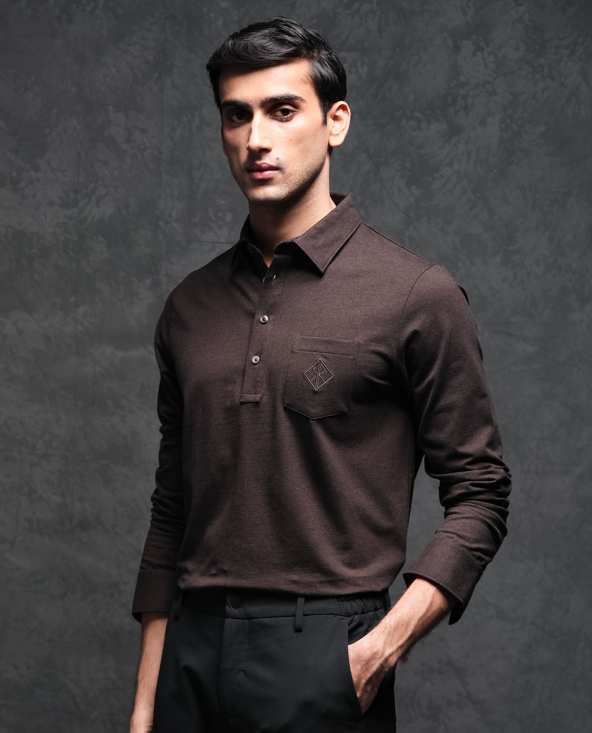 Rare Rabbit Men's Ralfet Brown Cotton Lycra Fabric Collared Neck Full Sleeves Embroidery Monogram Melange Polo T-Shirt