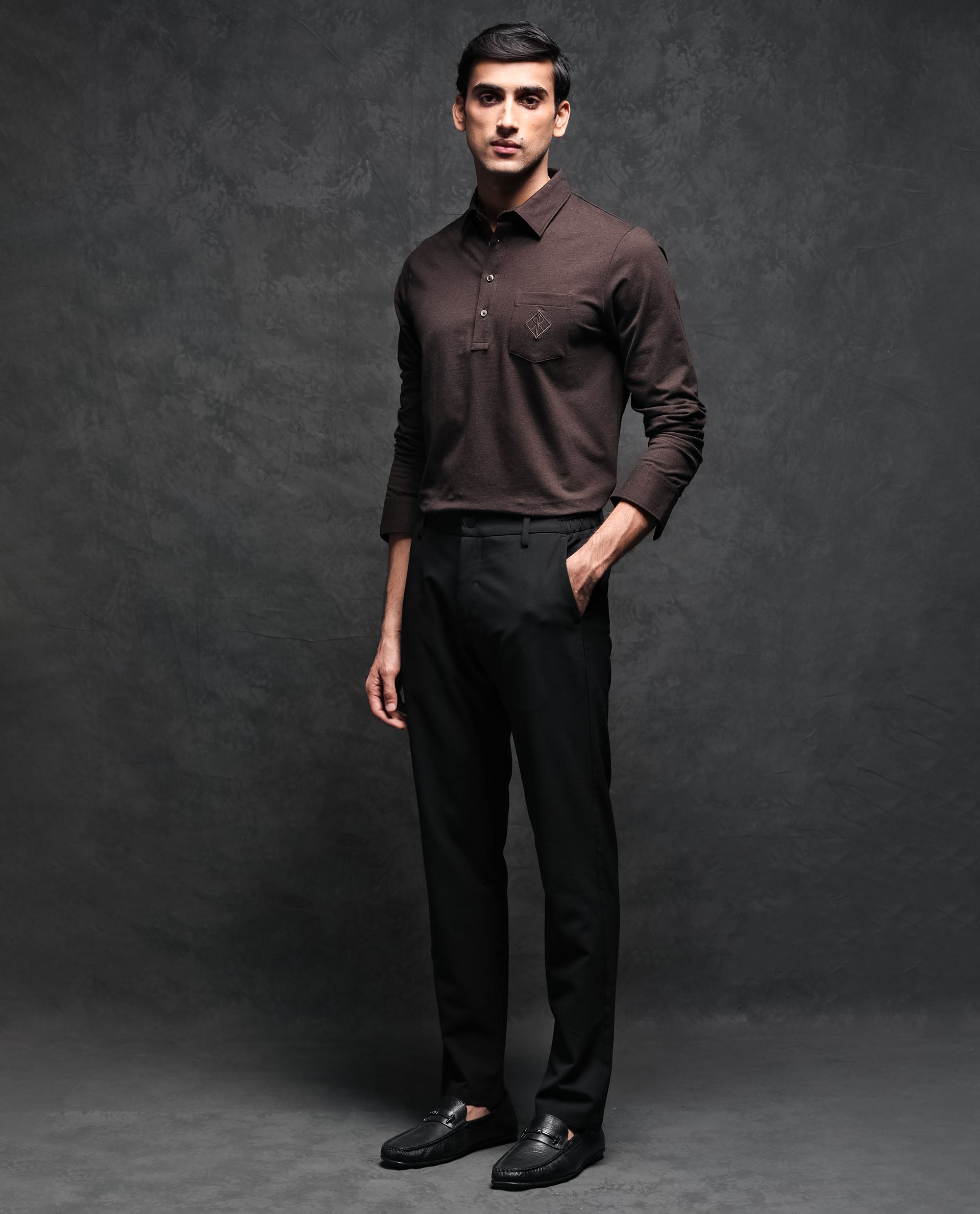 Rare Rabbit Men's Ralfet Brown Cotton Lycra Fabric Collared Neck Full Sleeves Embroidery Monogram Melange Polo T-Shirt