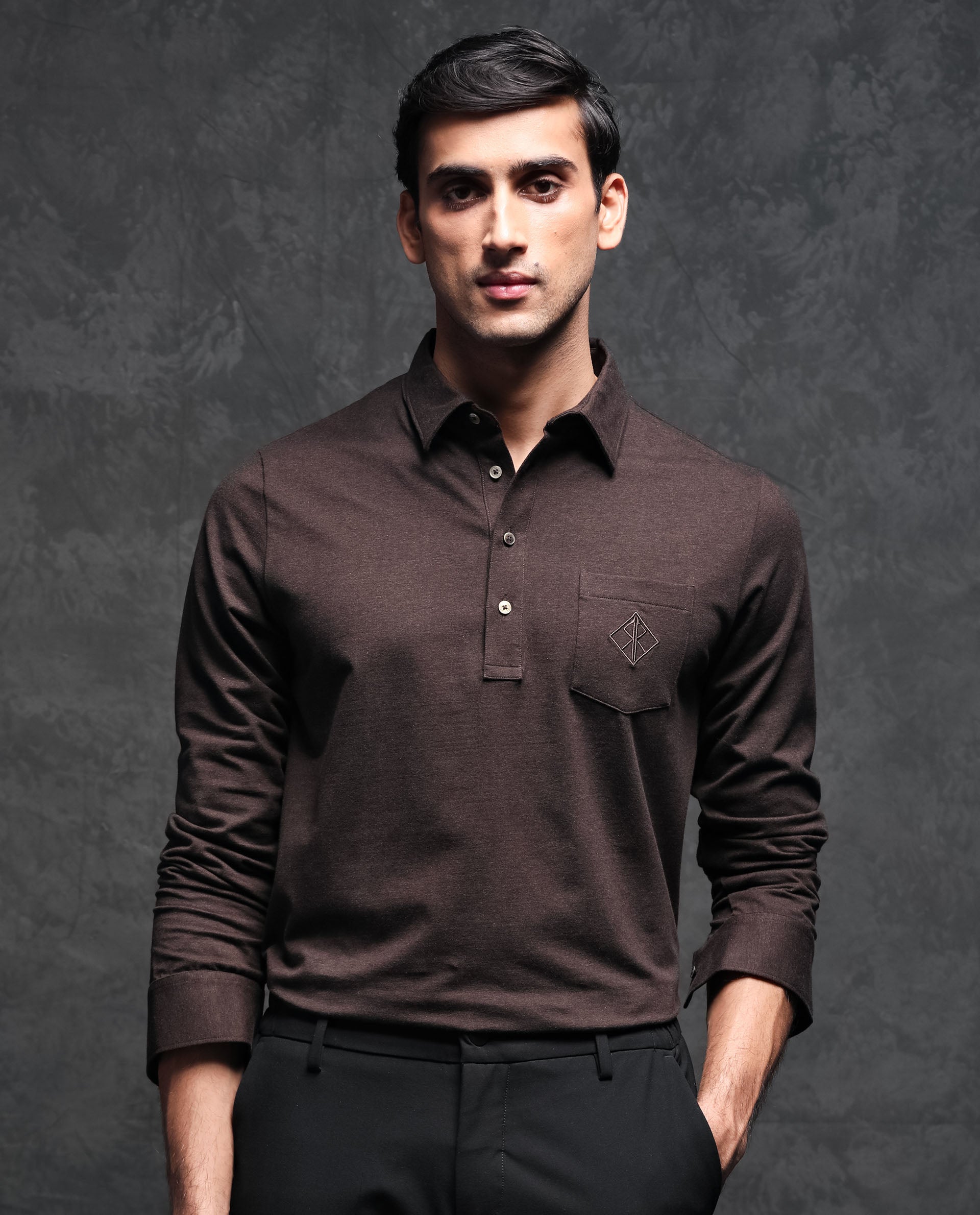 Rare Rabbit Men's Ralfet Brown Cotton Lycra Fabric Collared Neck Full Sleeves Embroidery Monogram Melange Polo T-Shirt