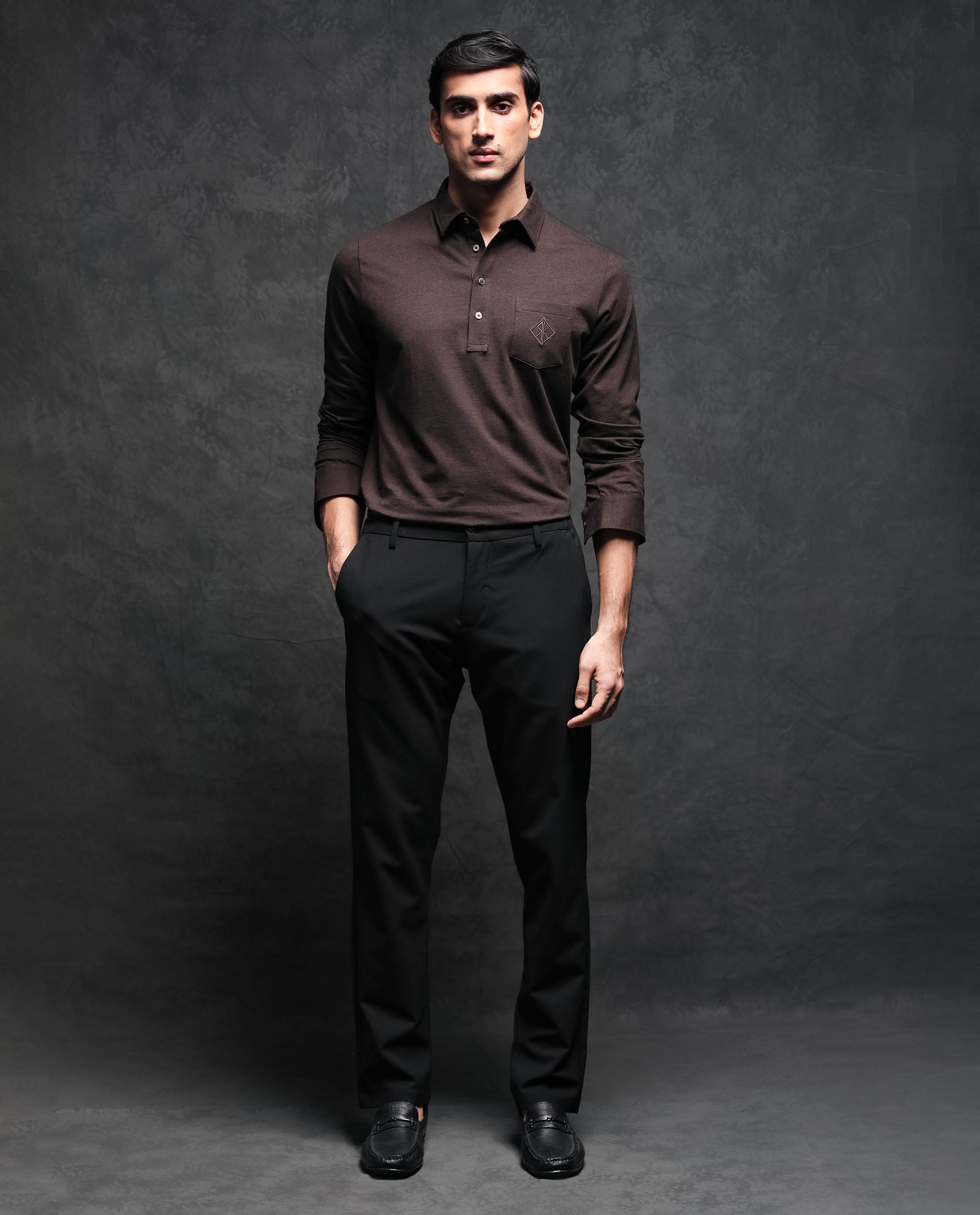 Rare Rabbit Men's Ralfet Brown Cotton Lycra Fabric Collared Neck Full Sleeves Embroidery Monogram Melange Polo T-Shirt