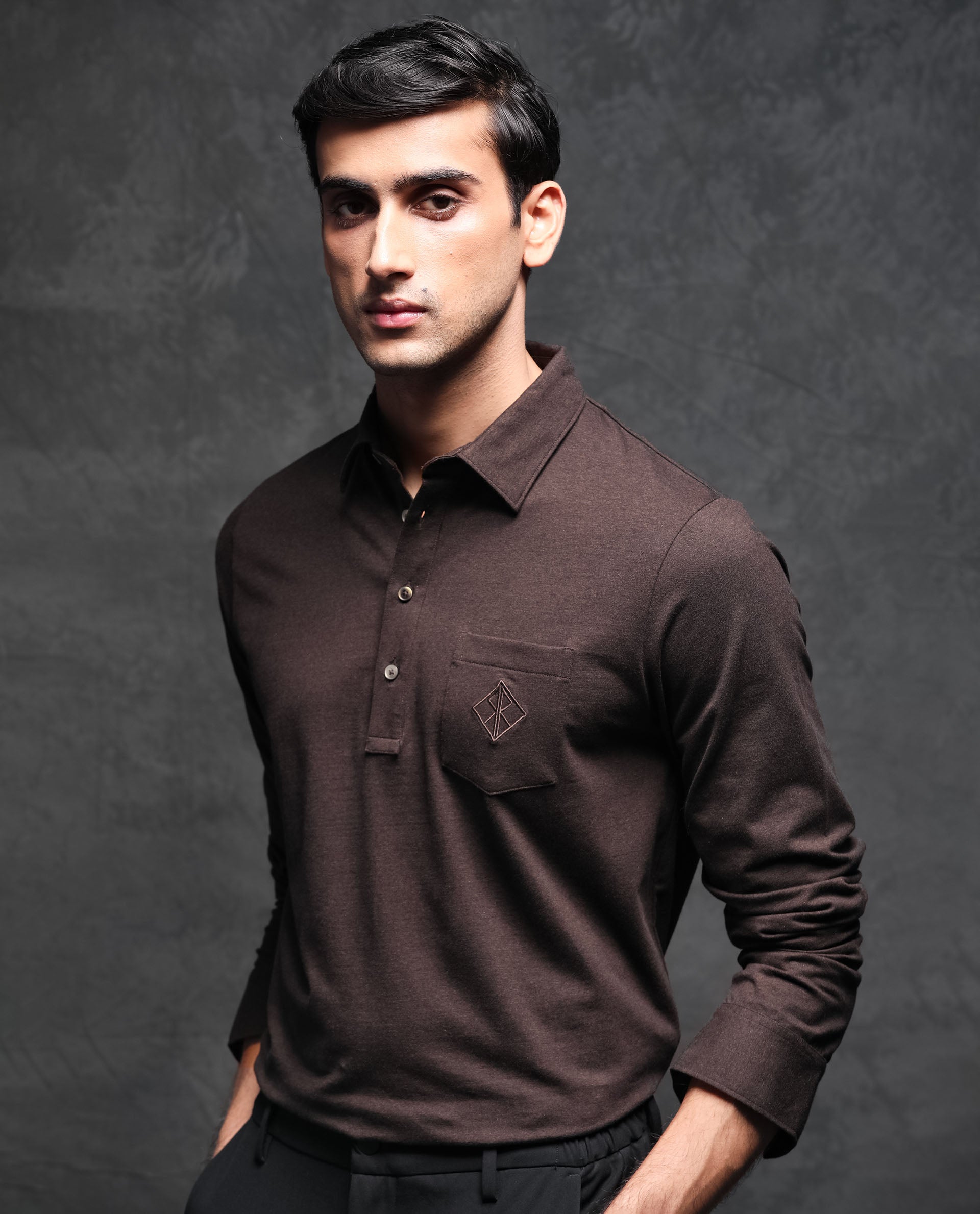 Rare Rabbit Men's Ralfet Brown Cotton Lycra Fabric Collared Neck Full Sleeves Embroidery Monogram Melange Polo T-Shirt