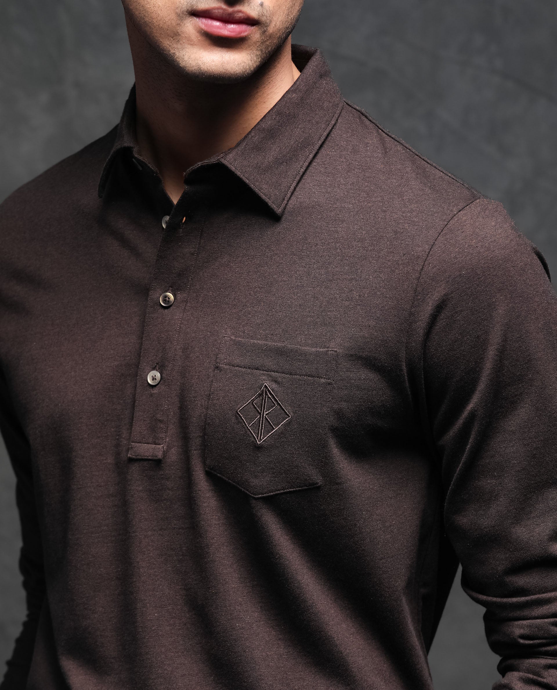 Rare Rabbit Men's Ralfet Brown Cotton Lycra Fabric Collared Neck Full Sleeves Embroidery Monogram Melange Polo T-Shirt