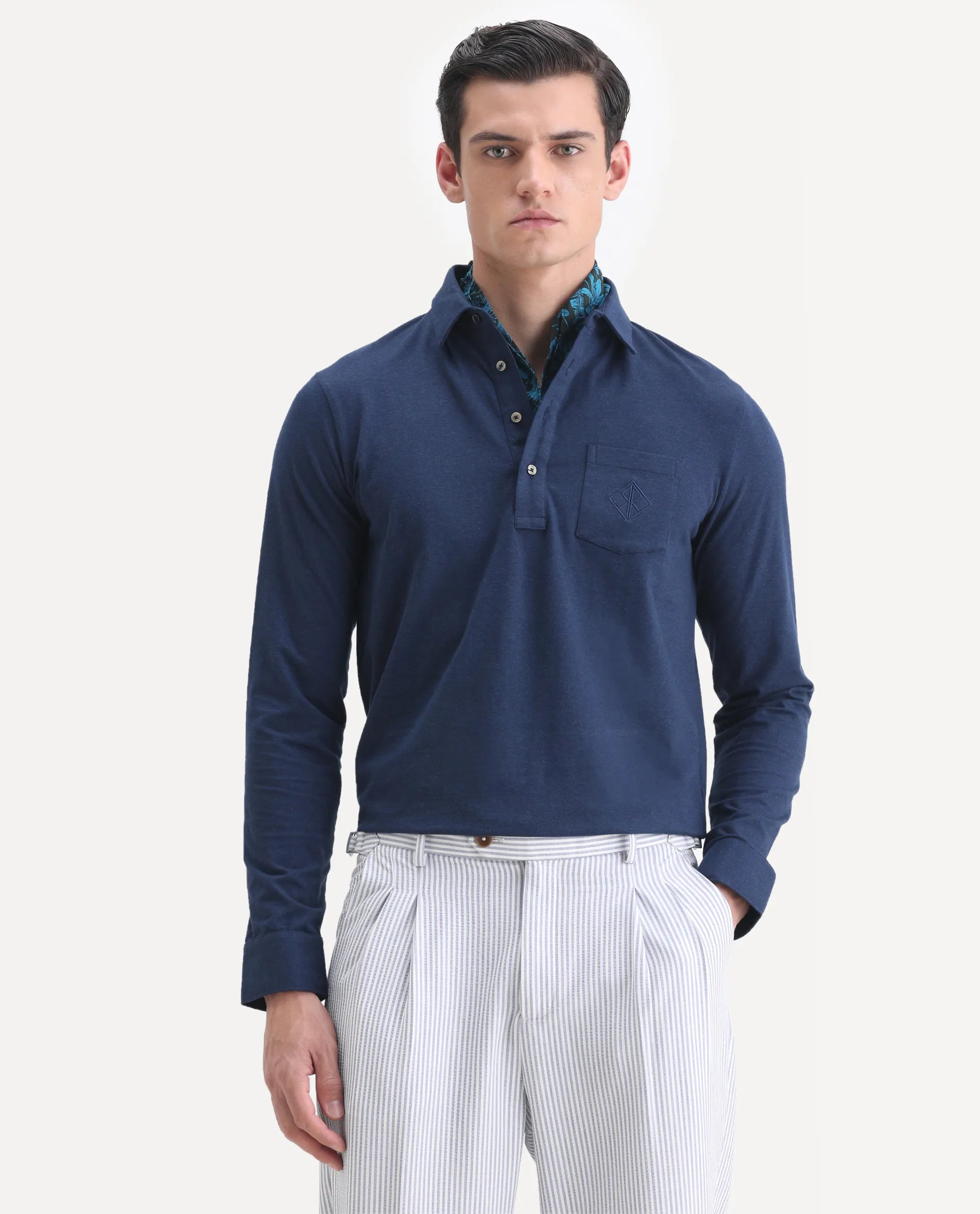 Rare Rabbit Men's Ralfet Navy Cotton Embroidered Regular Fit Full Sleeve Polo