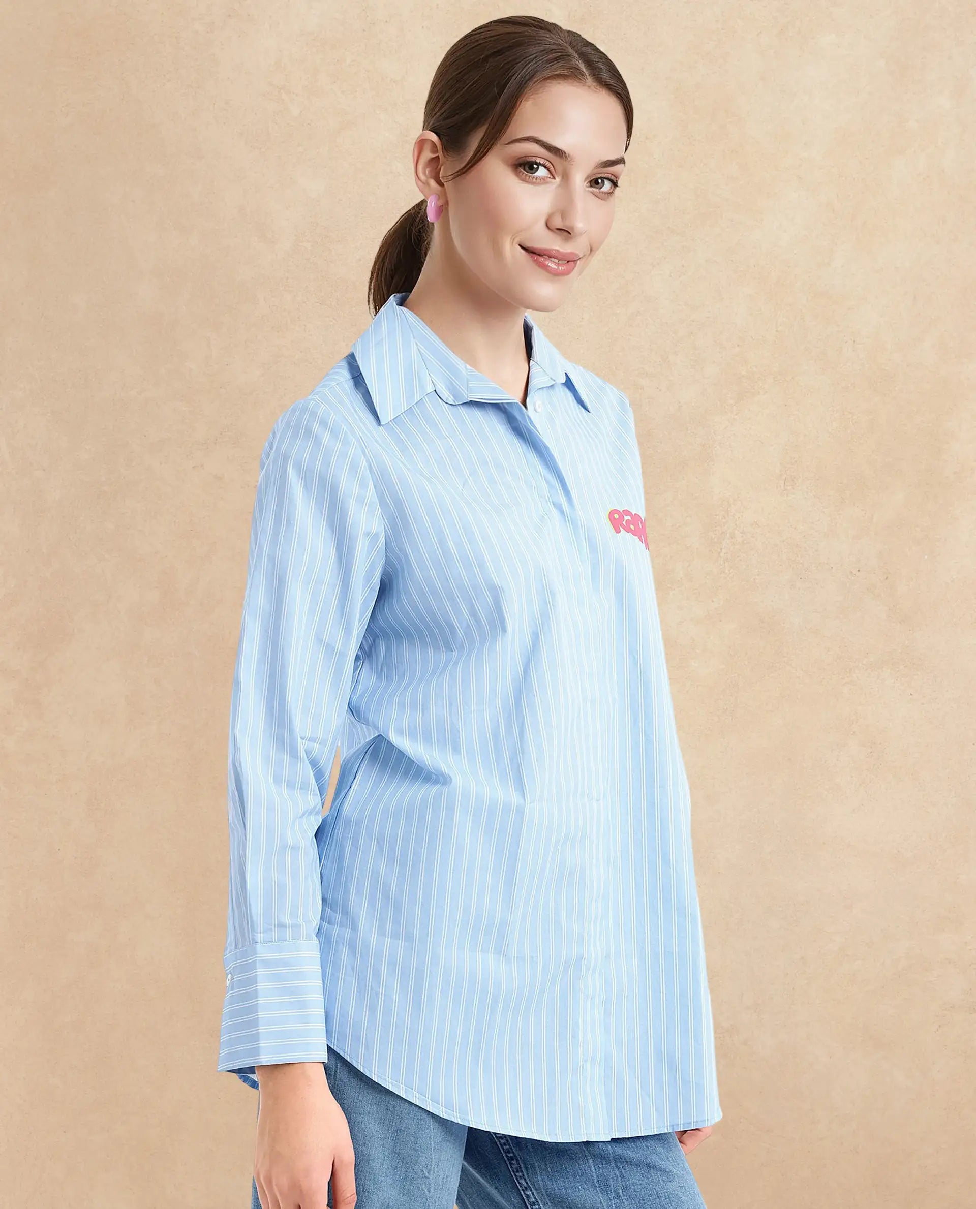 Rareism Women Rambla Blue Collared Neck Button Closure Relaxed Fit Abstract Print Top