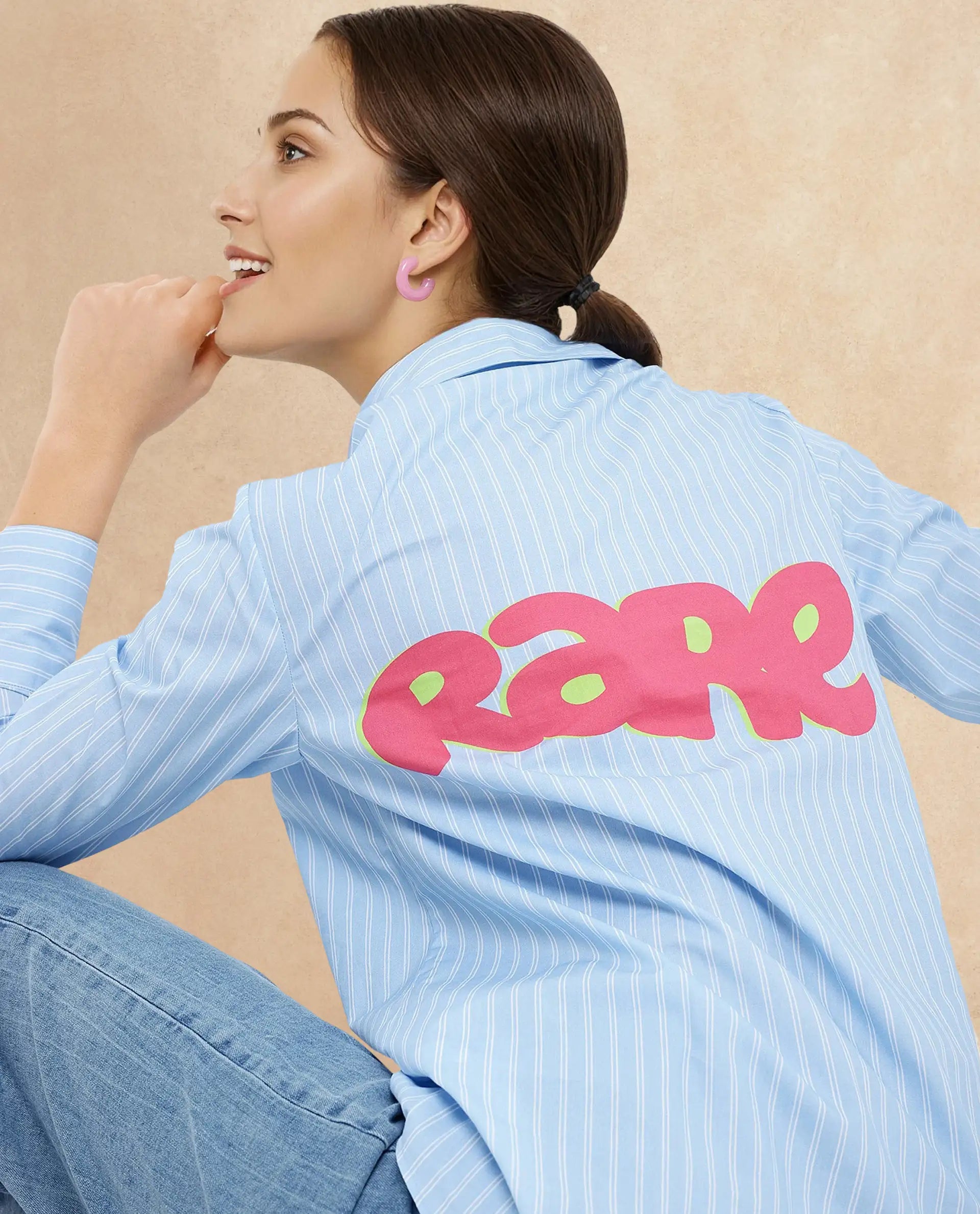 Rareism Women Rambla Blue Collared Neck Button Closure Relaxed Fit Abstract Print Top