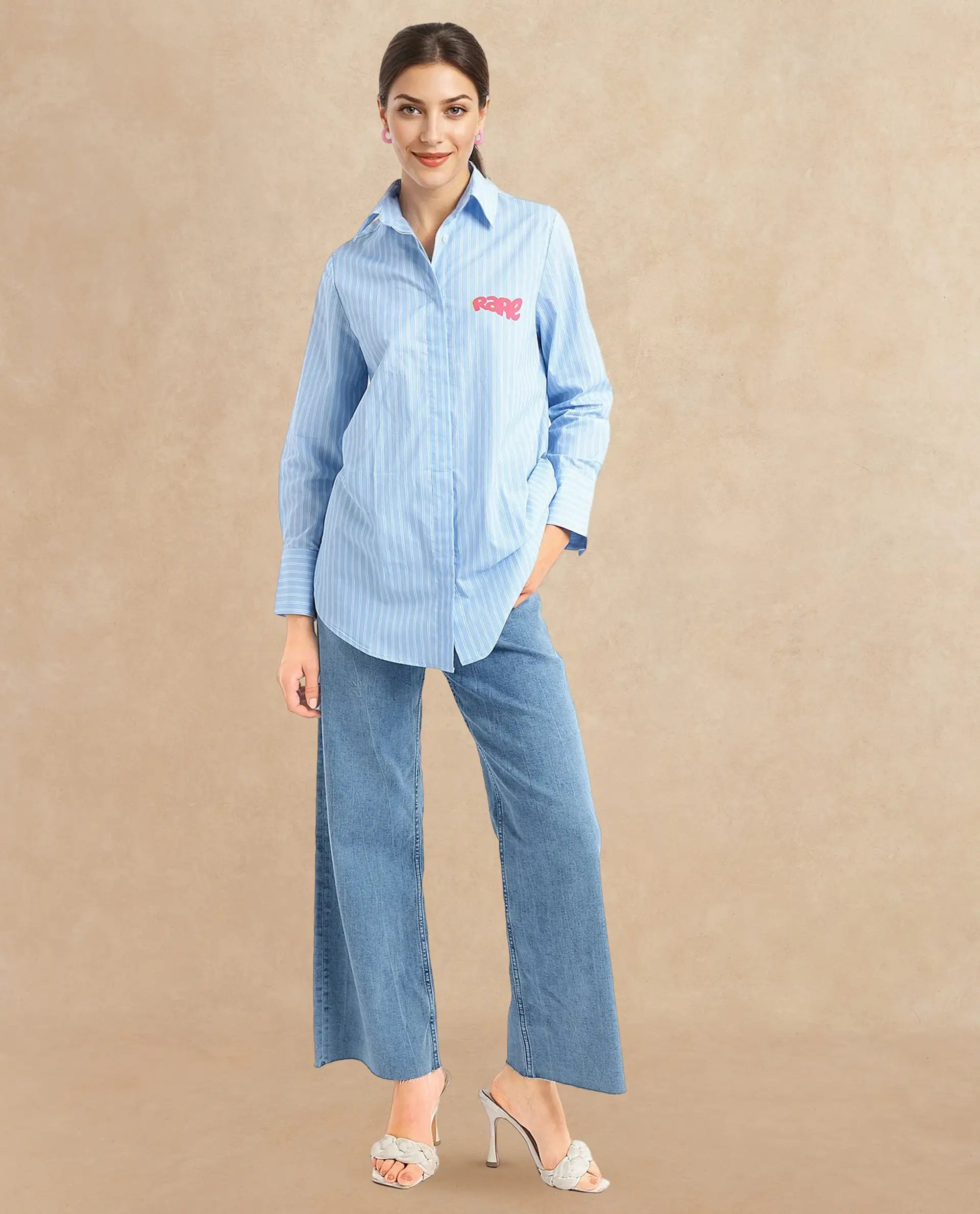 Rareism Women Rambla Blue Collared Neck Button Closure Relaxed Fit Abstract Print Top