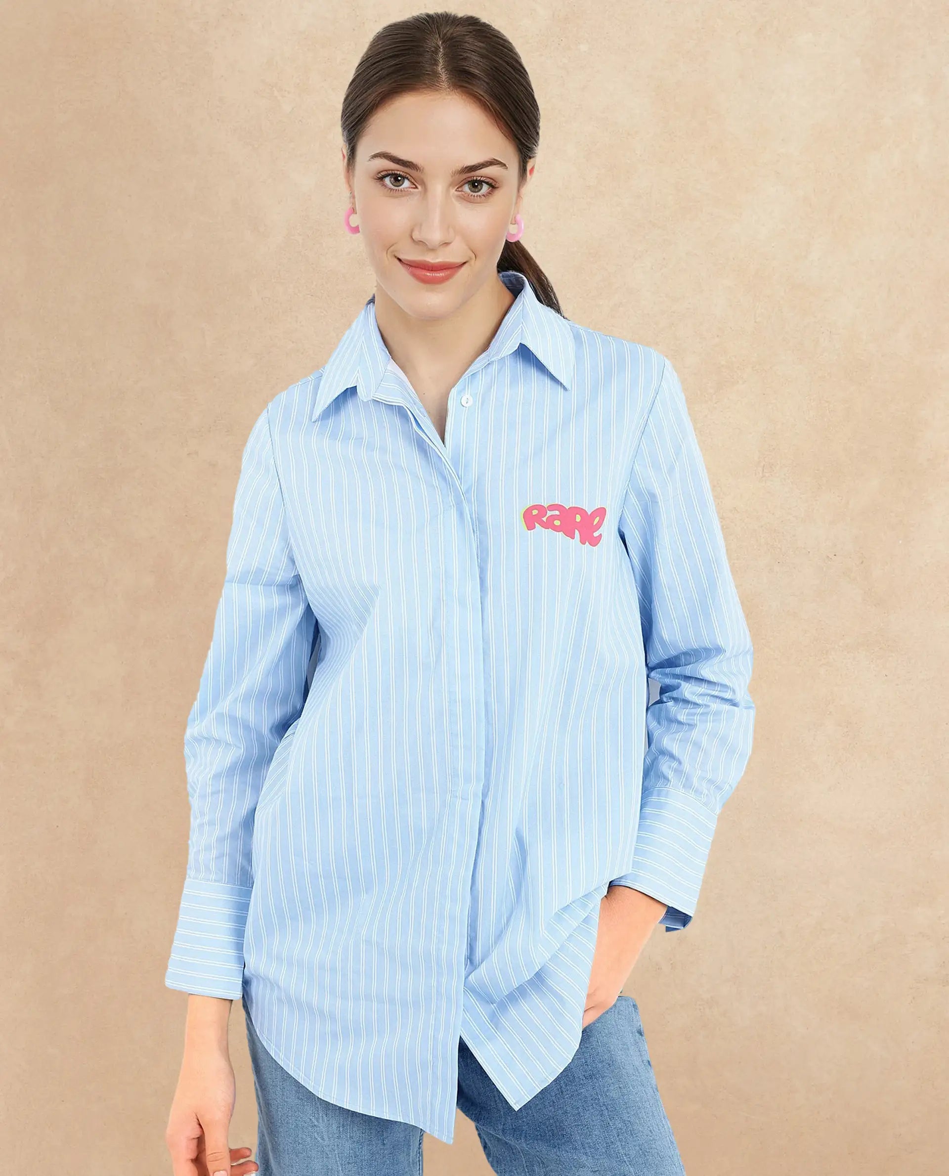 Rareism Women Rambla Blue Collared Neck Button Closure Relaxed Fit Abstract Print Top