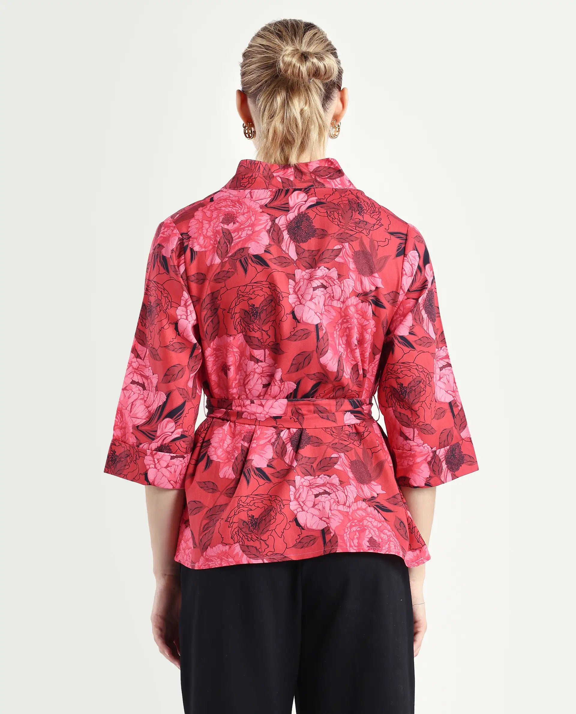 Rareism Women's Ramo Red Cotton Blend Overlap Neck Floral Print Regular Fit Top